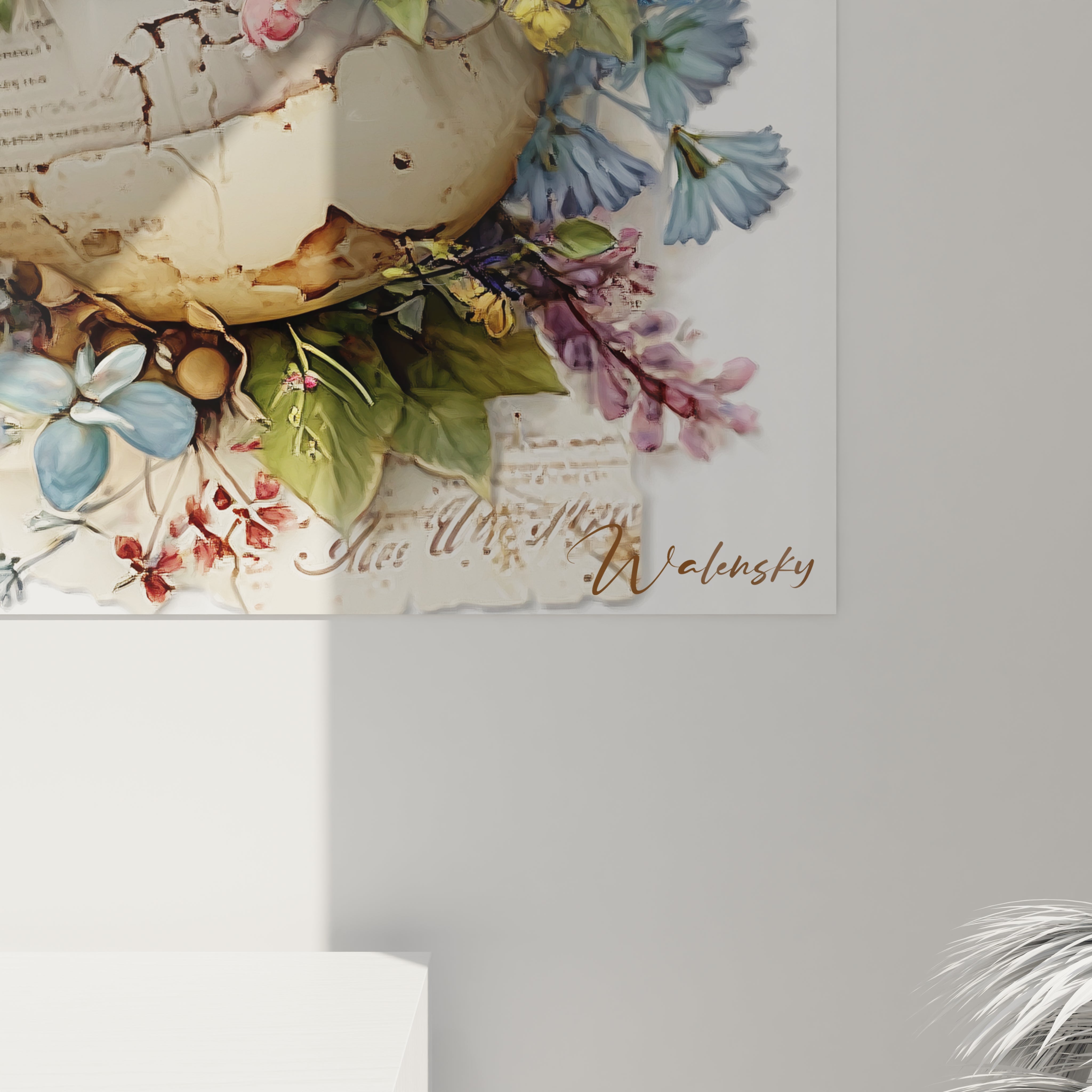 Walensky tableau lapin décoration Pâques mural printanier avec oeuf fissuré et fleurs pastel