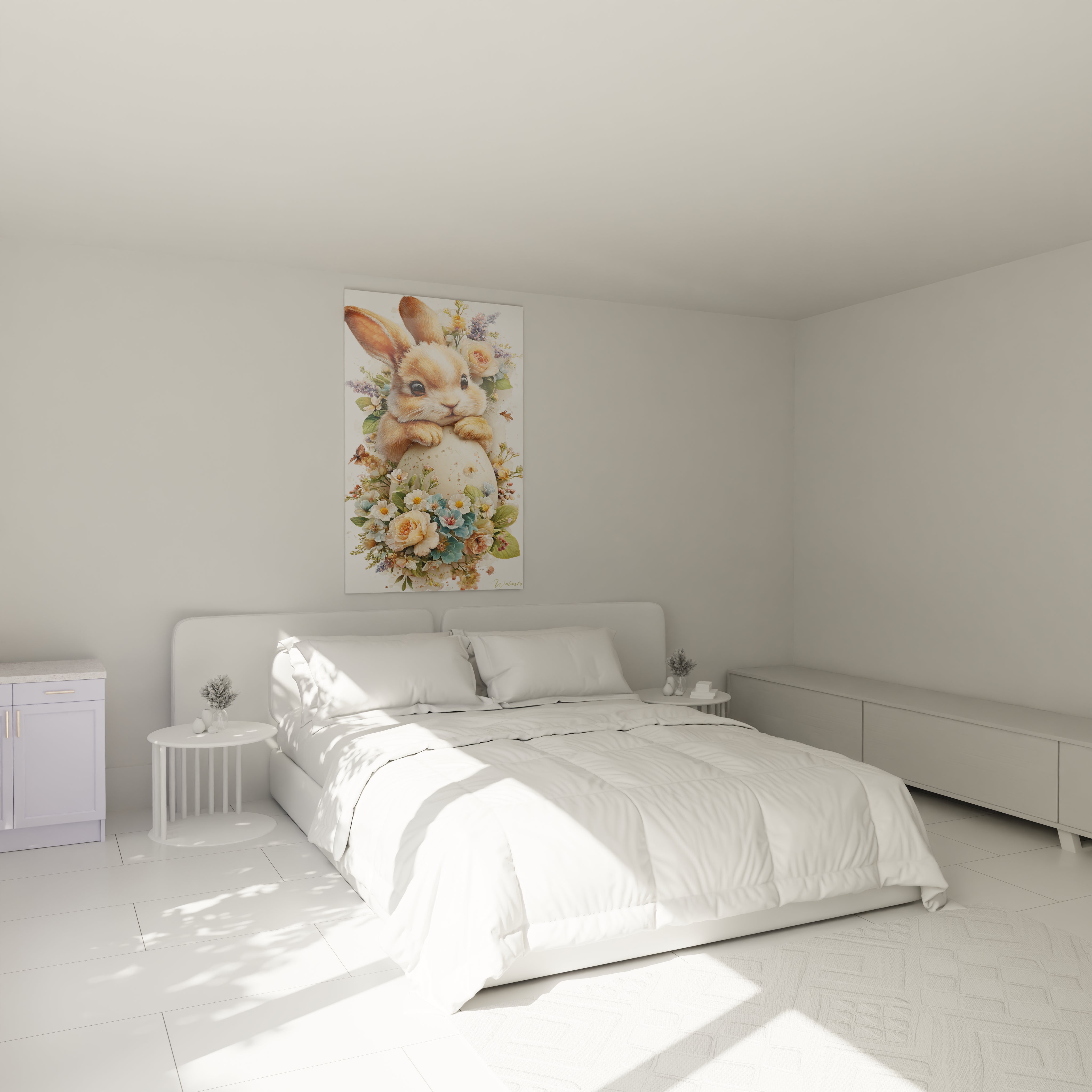 Walensky tableau lapin décoration Pâques accroché au dessus de un lit blanc minimaliste avec bouquet de fleurs pastel