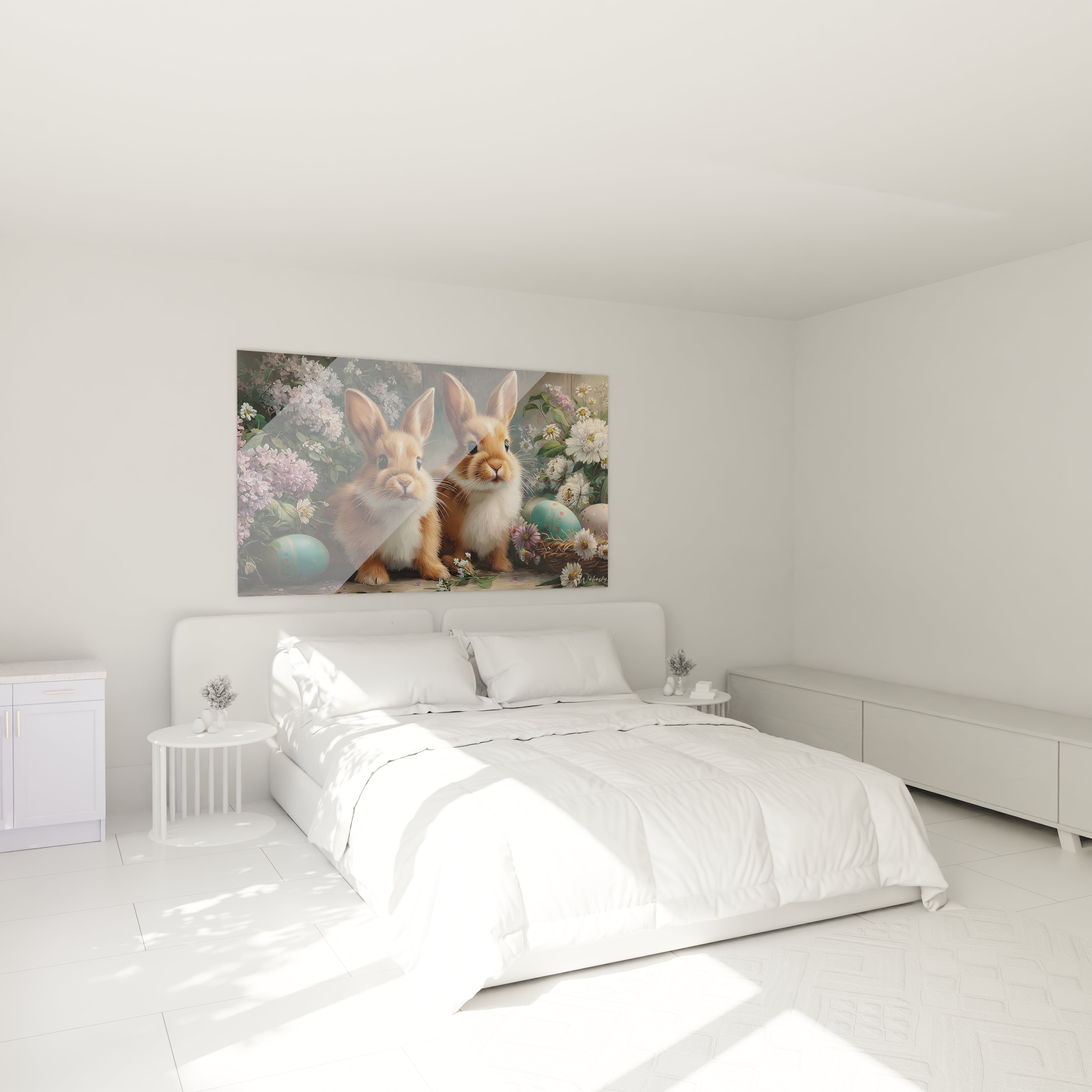 Walensky tableau lapins chasse aux œufs mural au dessus d un lit blanc deux lapins fleurs et oeufs de Paques