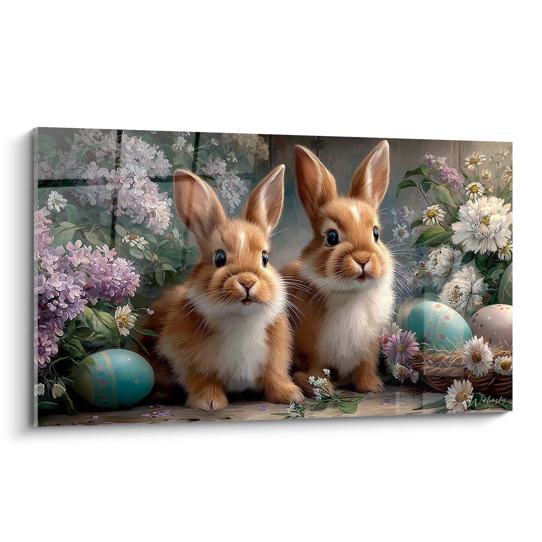 tableau lapins chasse aux œufs Walensky tableau mural deux lapins bruns entoures de fleurs et oeufs peints