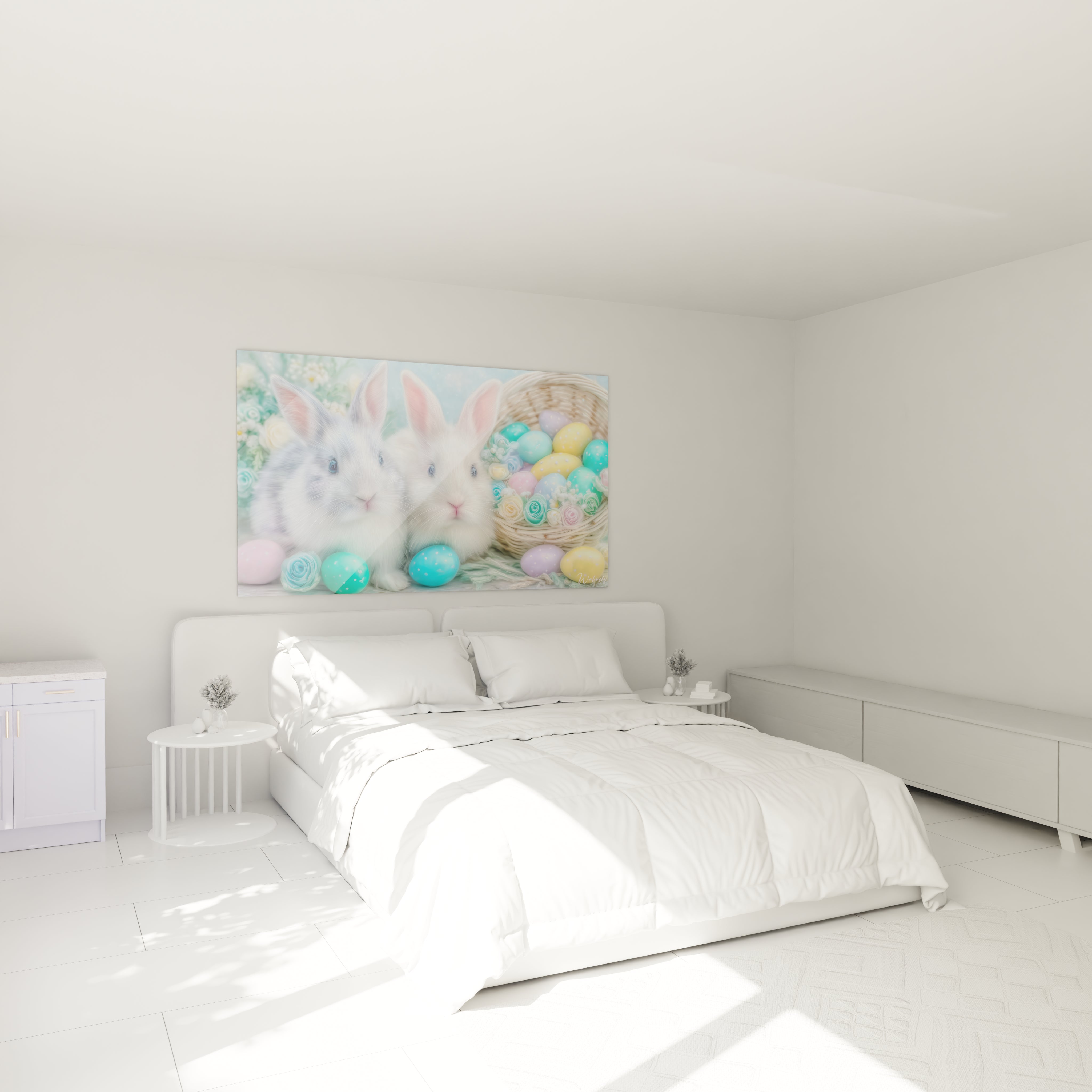 Tableau mural Walensky montrant deux lapins et œufs pastel sur fond printanier, tableau lapins décoration Pâques