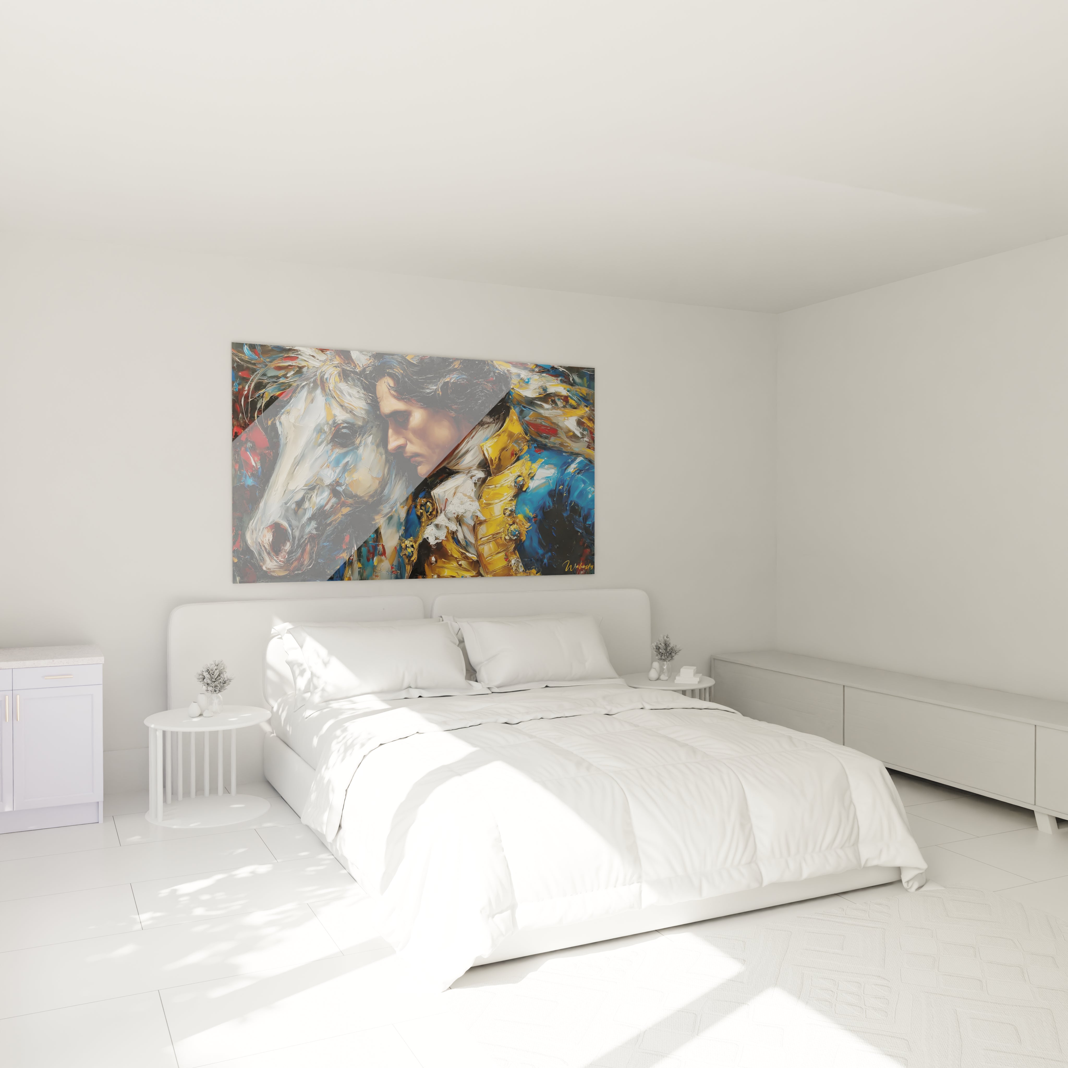 tableau Louis XIV équestre Walensky accroché au dessus du lit dans une chambre minimaliste blanche