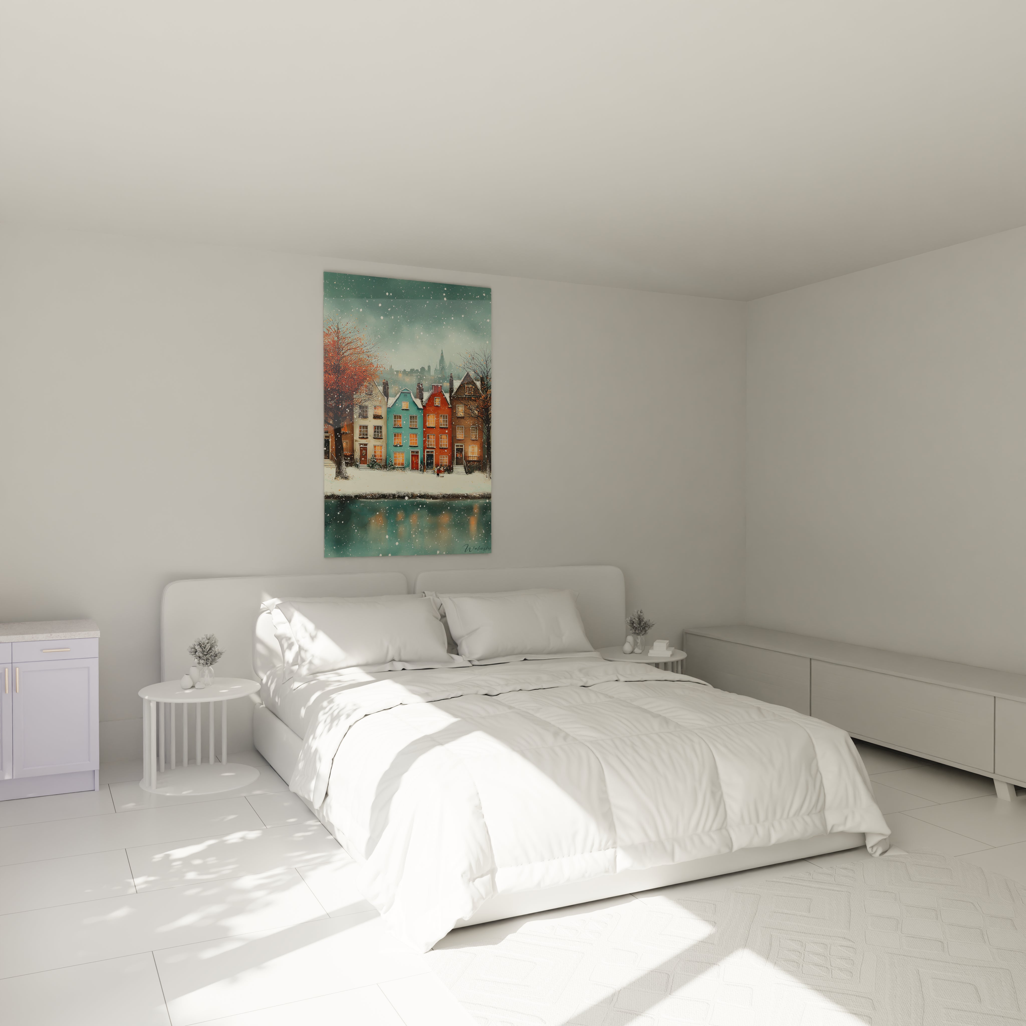 Tableau mural Walensky représentant maisons enneigées au bord de l eau ambiance calme tableau maisons hiver décoration murale