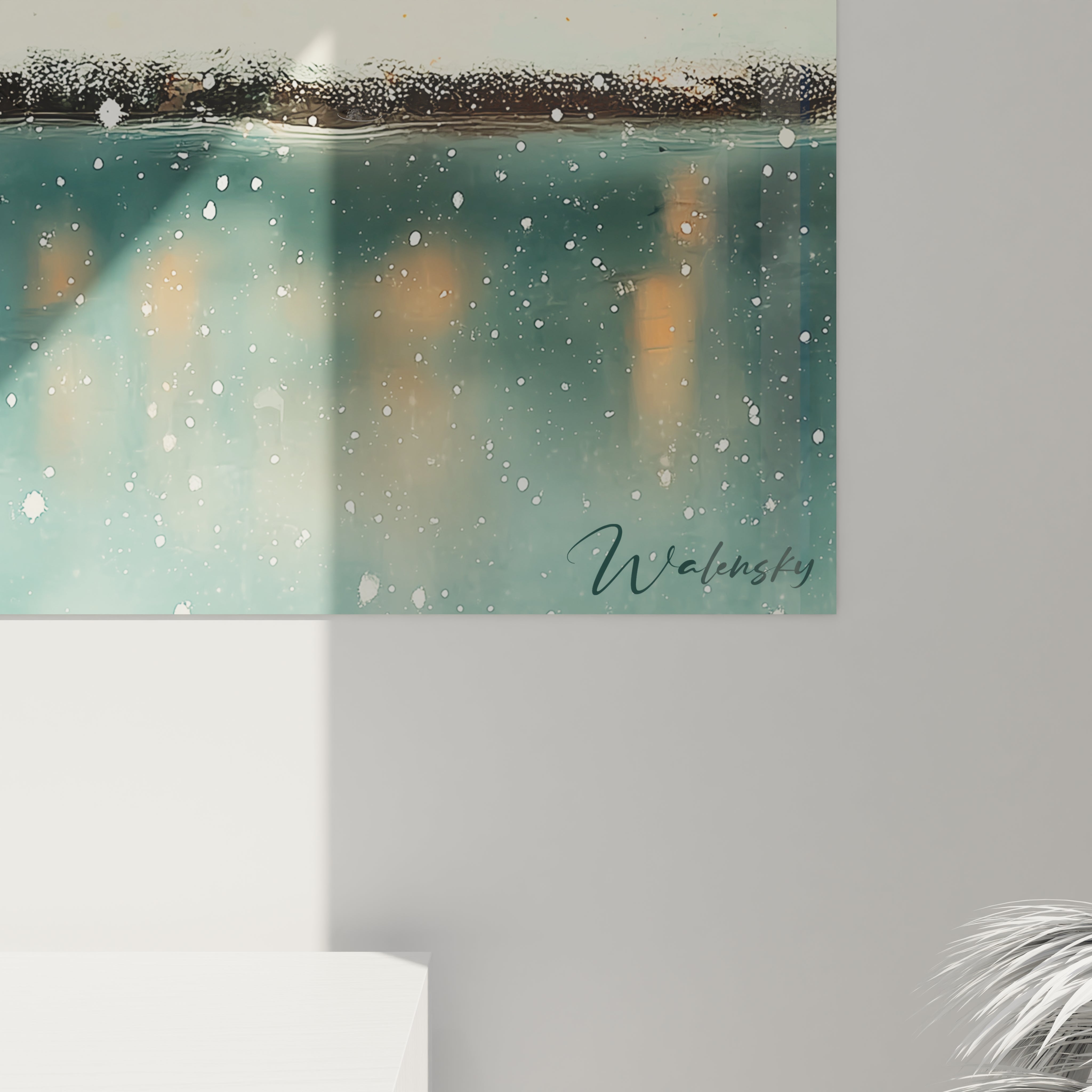 Tableau mural Walensky vert bleu abstrait montrant maisons sous la neige avec signature tableau maisons hiver décoration murale