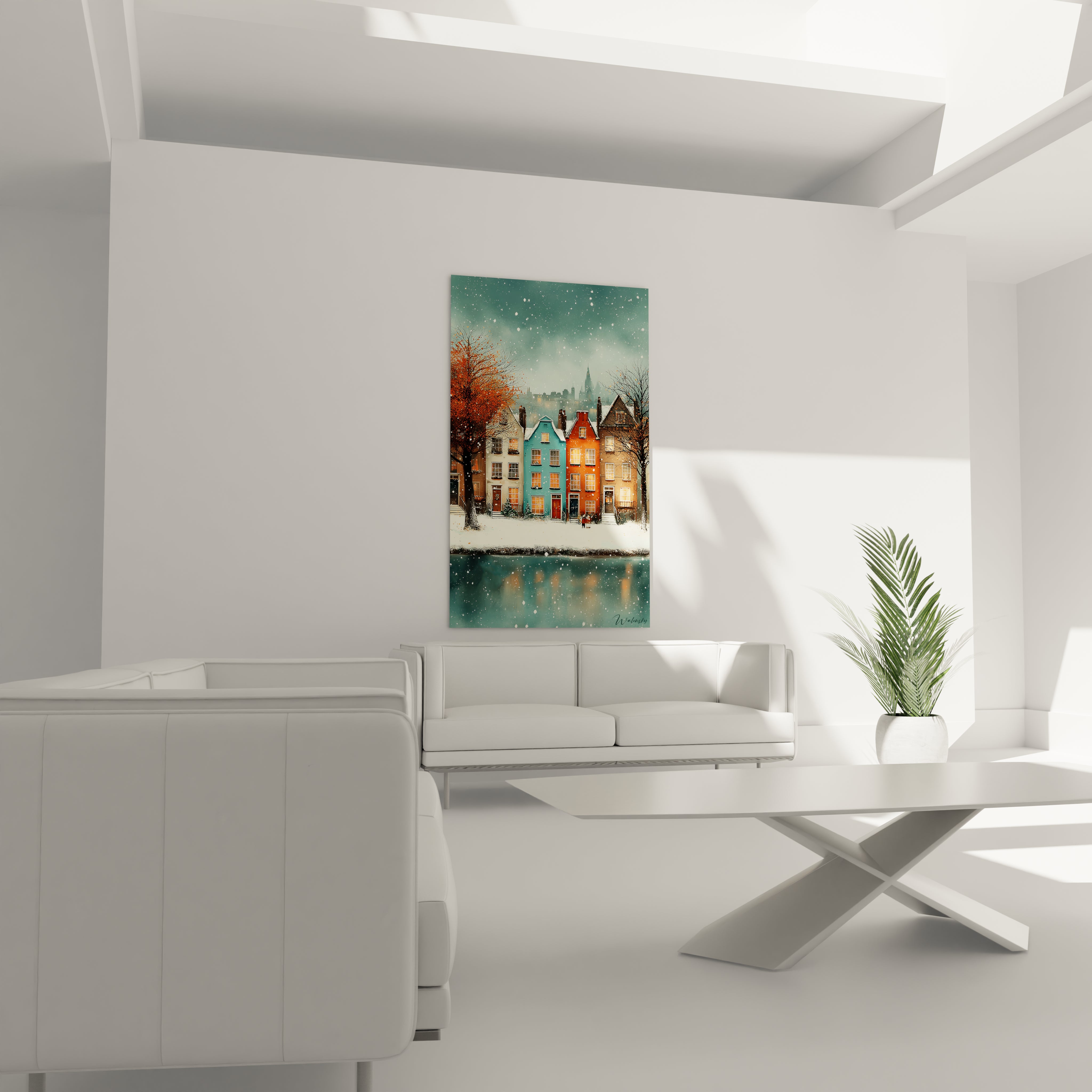 Tableau Walensky de maisons colorées enneigées au bord de l eau dans salon minimaliste tableau maisons hiver décoration murale