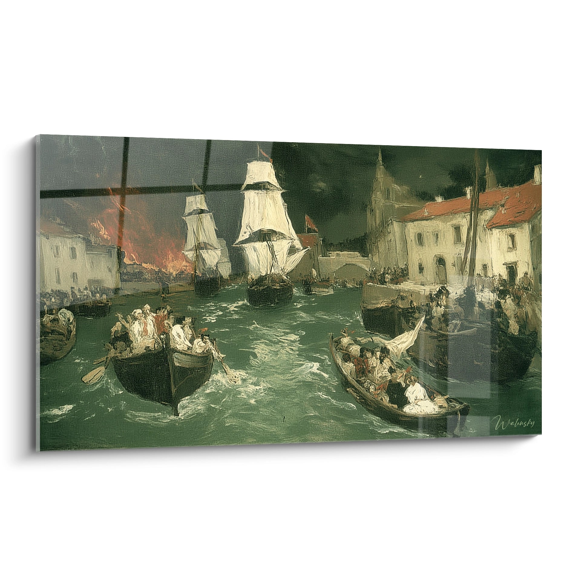 Tableau mural Walensky tableau maritime réalisme montrant un port anime avec navires a voiles et barques
