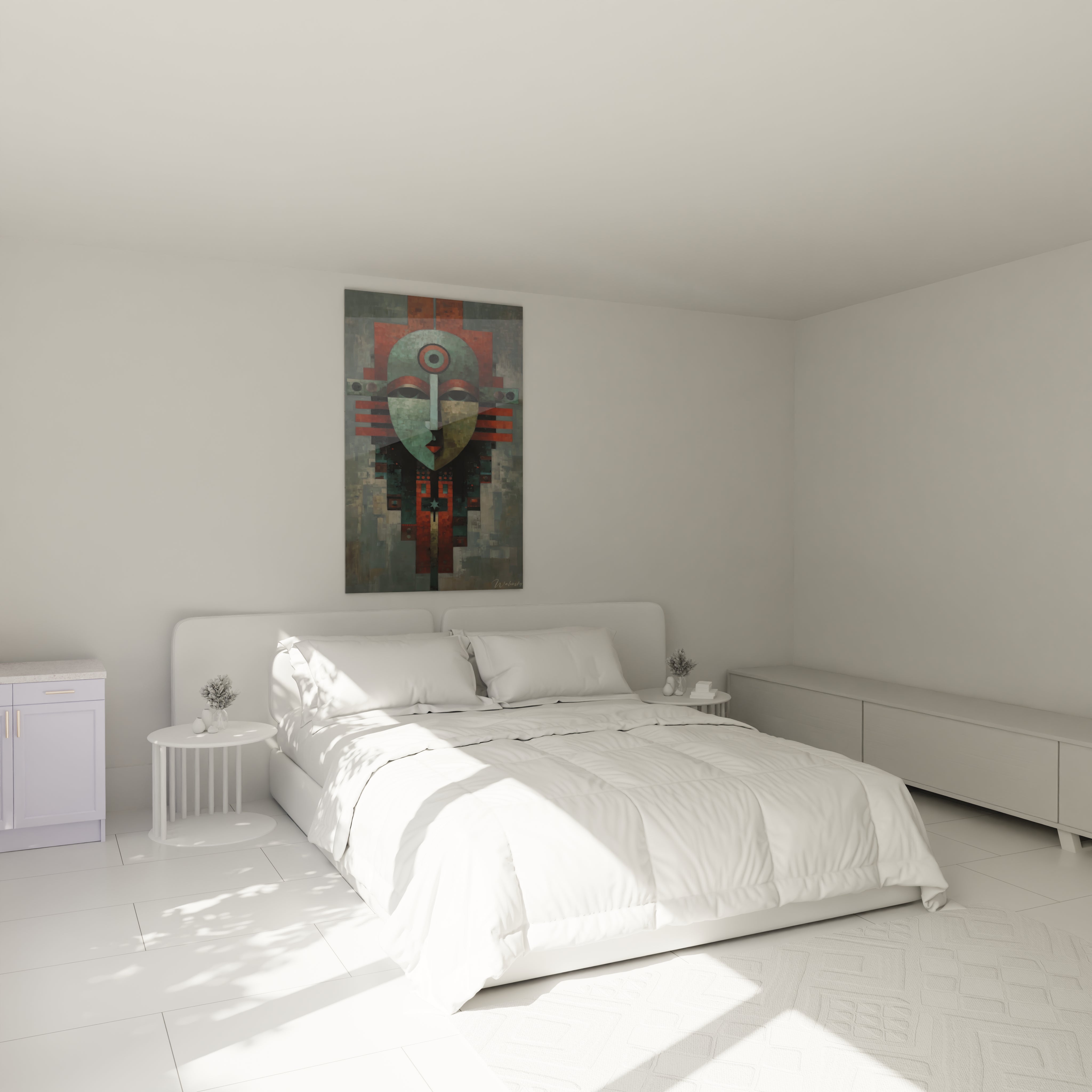 tableau masque tribal Walensky accroché au dessus d un lit double dans une chambre blanche minimaliste et lumineuse