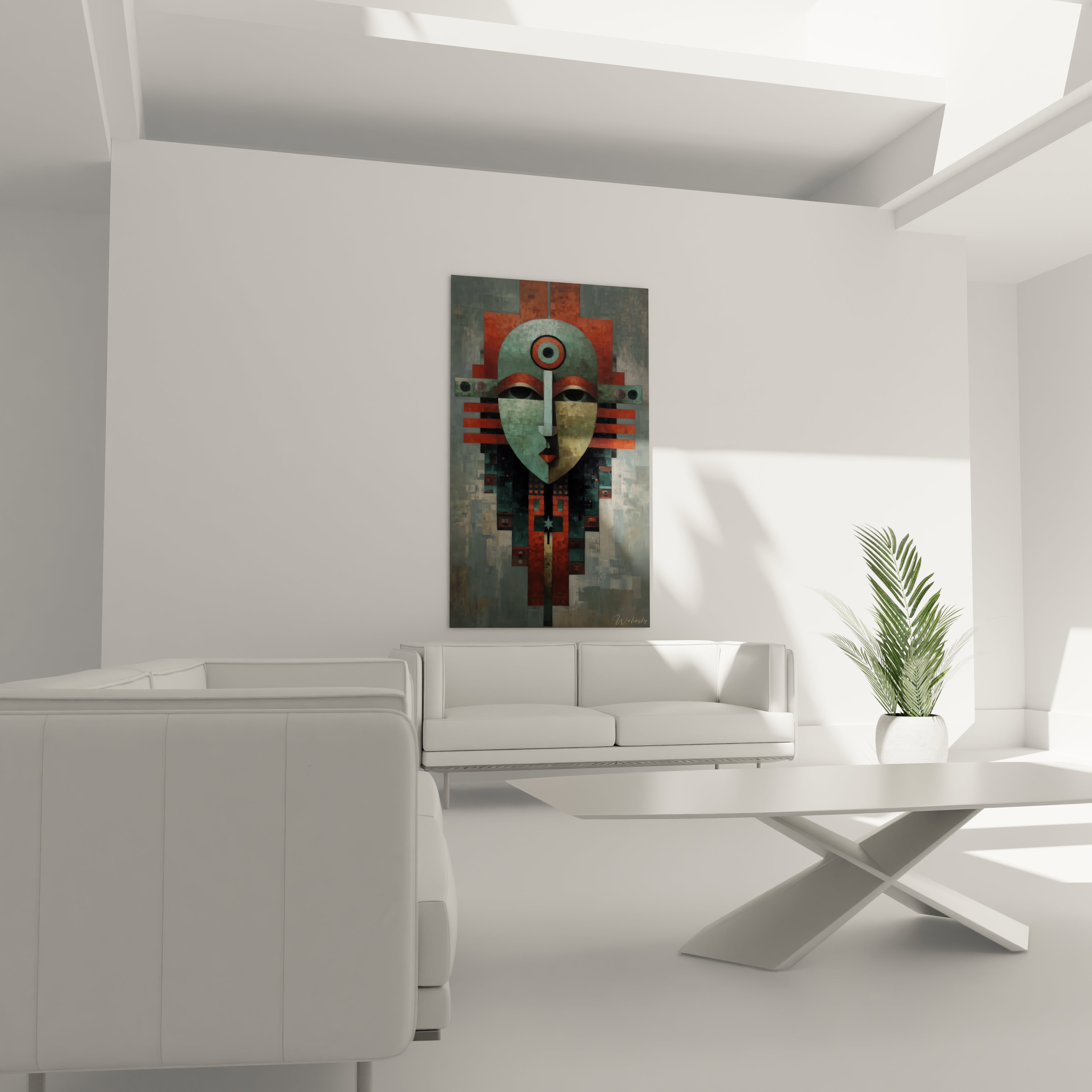 tableau masque tribal Walensky géométrique rouge et vert accroché dans un salon blanc moderne