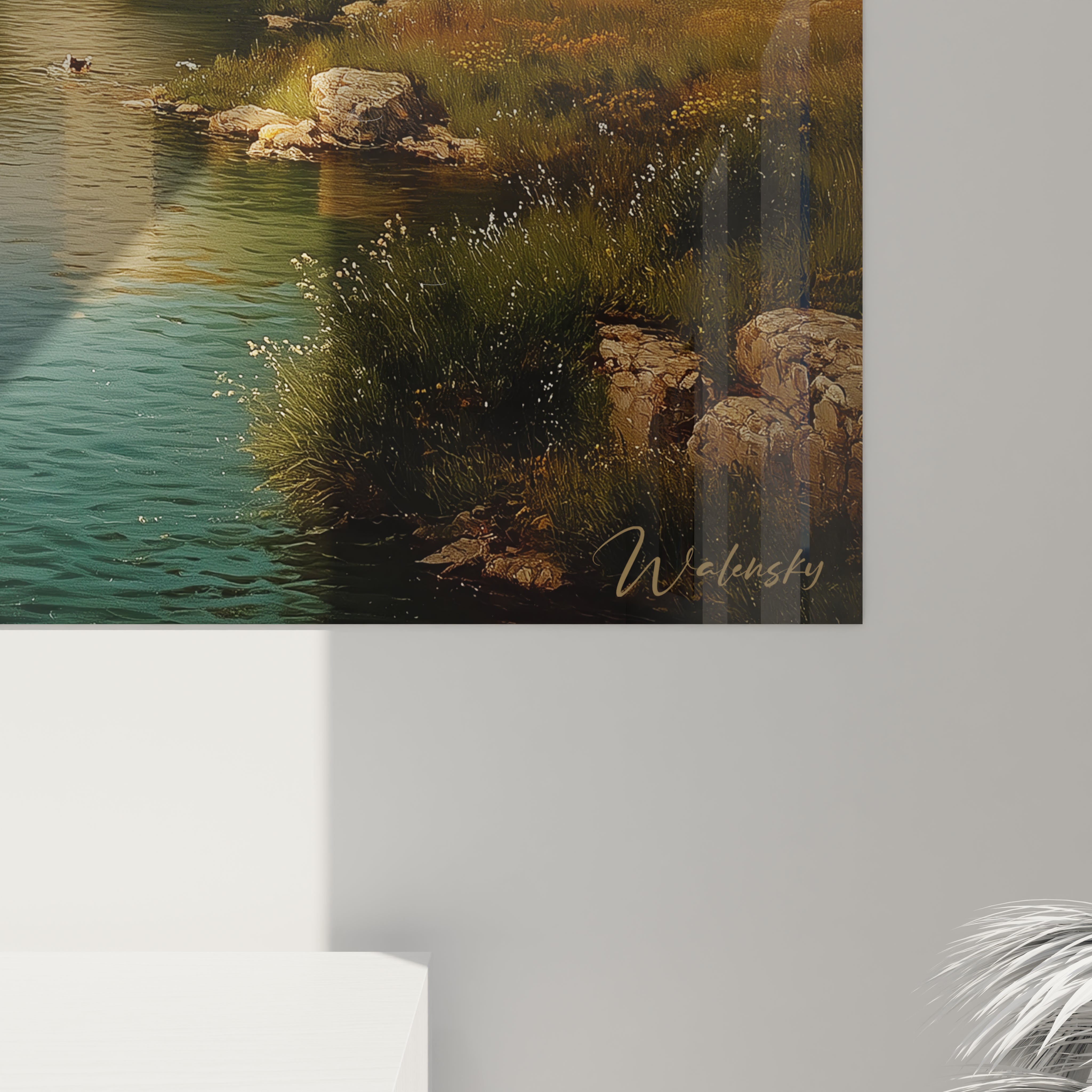 Tableau mural Walensky montrant berges rocailleuses et eau verte calme, tableau monastère paysage classique