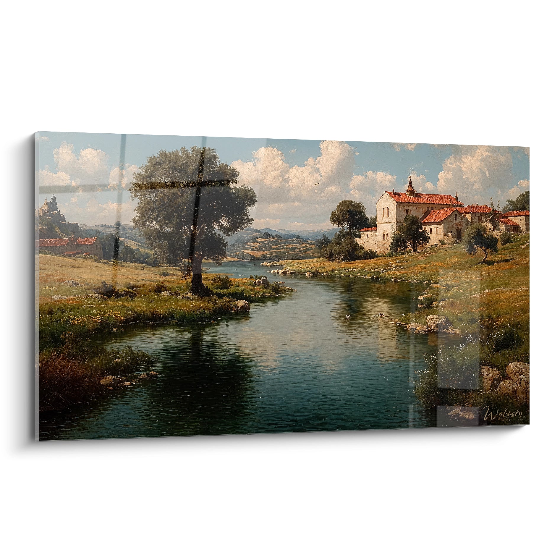 Tableau mural Walensky montrant un tableau monastère paysage classique avec rivière calme, prairies, arbres et maison au toit rouge
