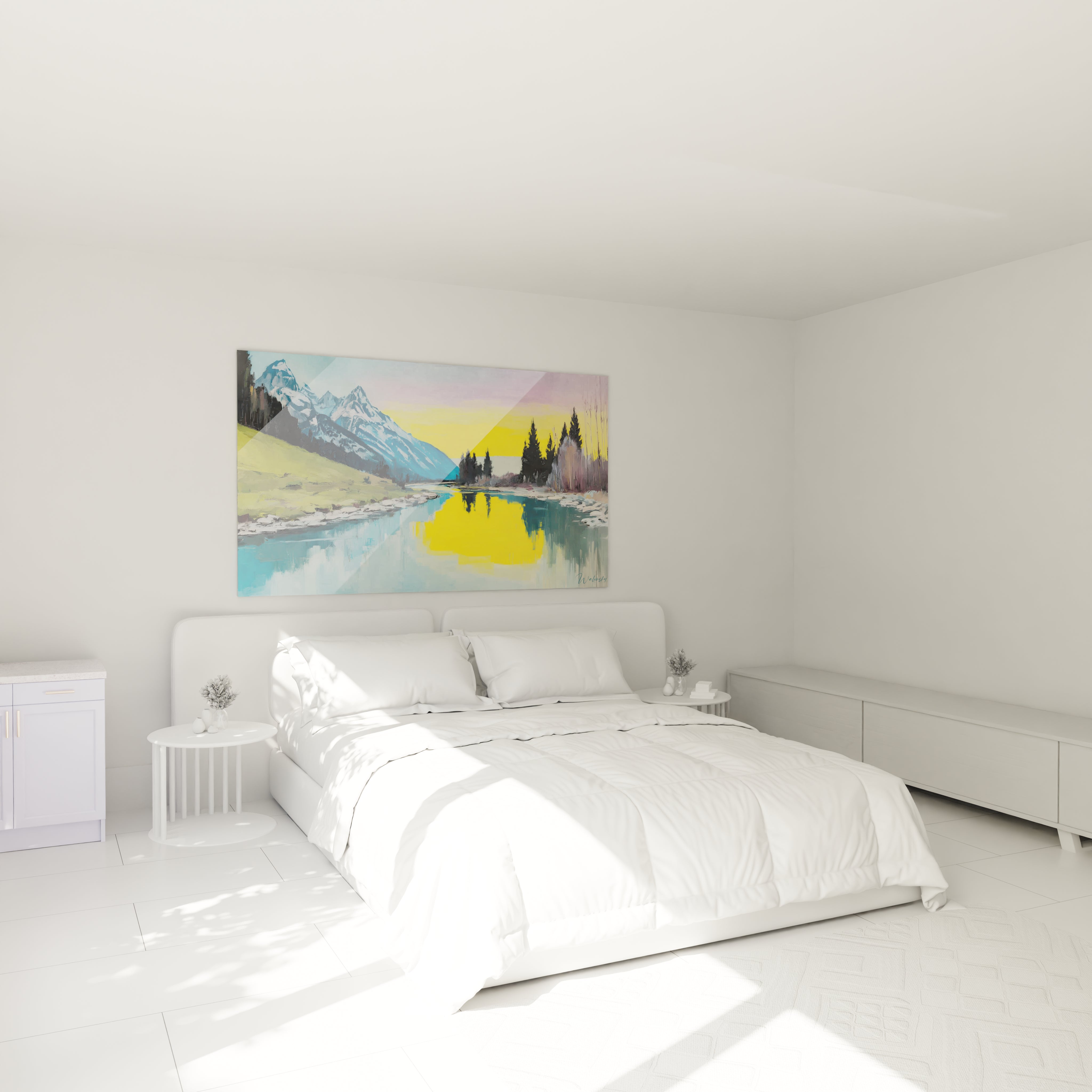 Tableau mural Walensky tableau montagne impressionnisme coloré au dessus d un lit blanc minimaliste et lumineux