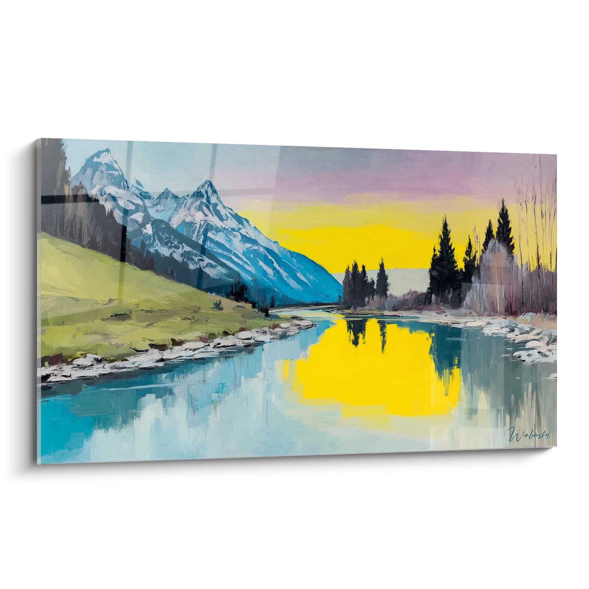 tableau montagne impressionnisme Walensky paysage mural montagnes enneigées rivière reflet coucher de soleil jaune