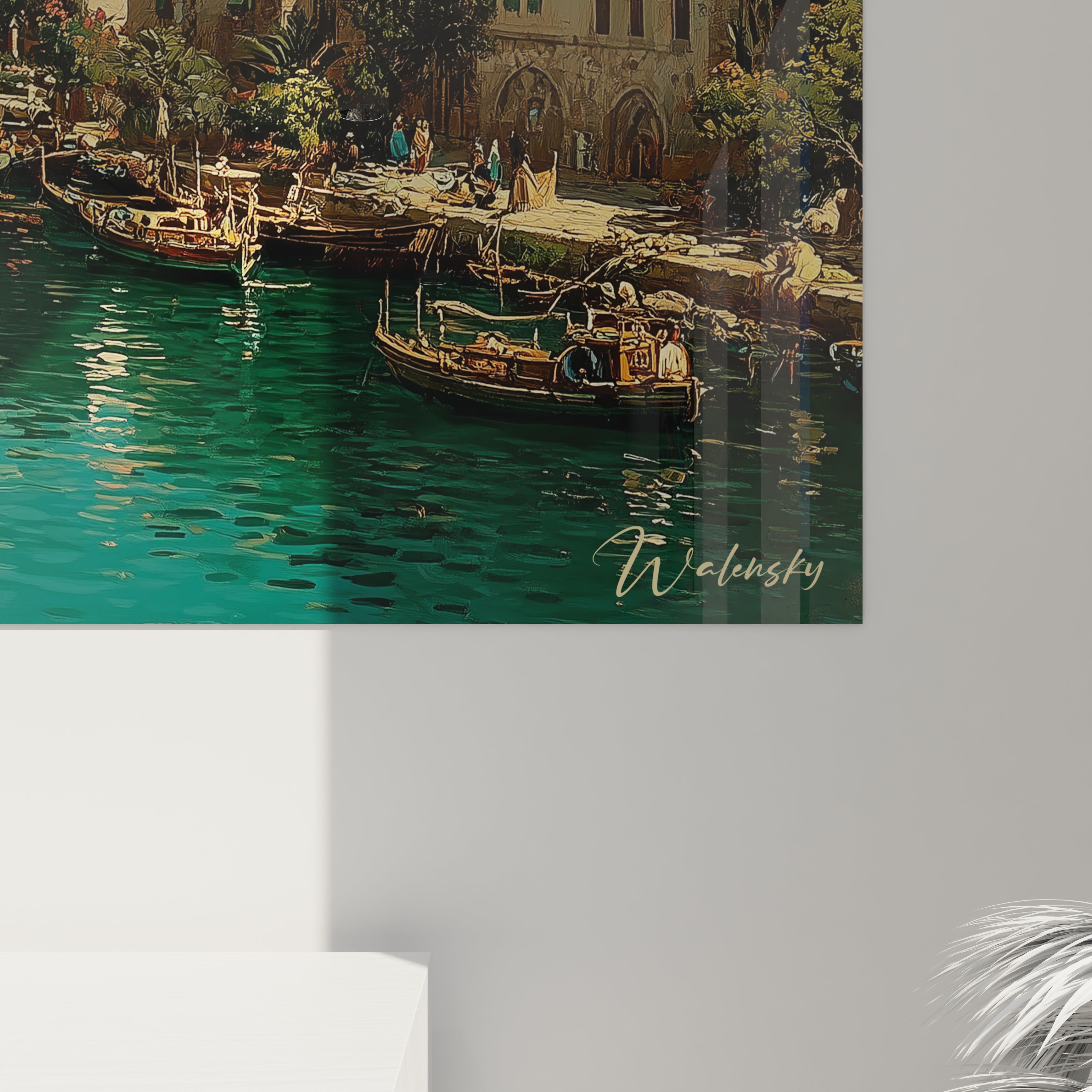 Tableau mural Walensky montrant scène au bord de l eau avec barques, bâtiments historiques et reflets tableau mosquée orientalisme