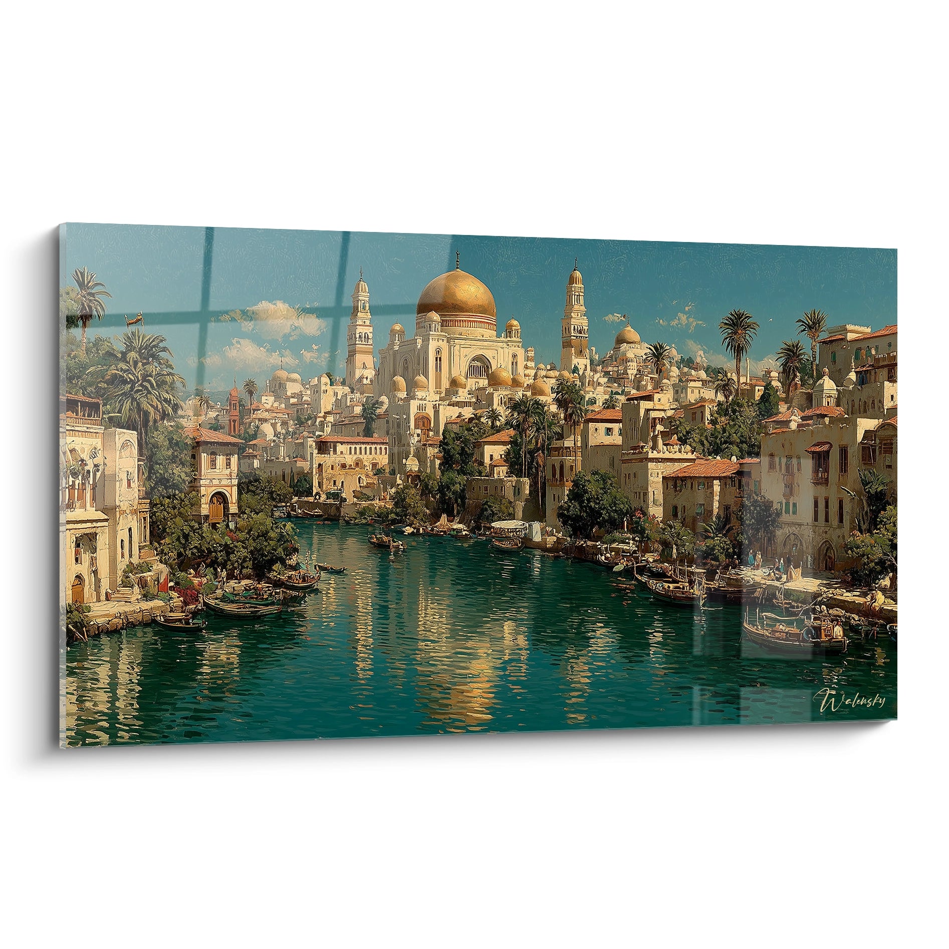 Tableau mural Walensky tableau mosquée orientalisme avec mosquée au dôme doré canal palmiers et maisons traditionnelles