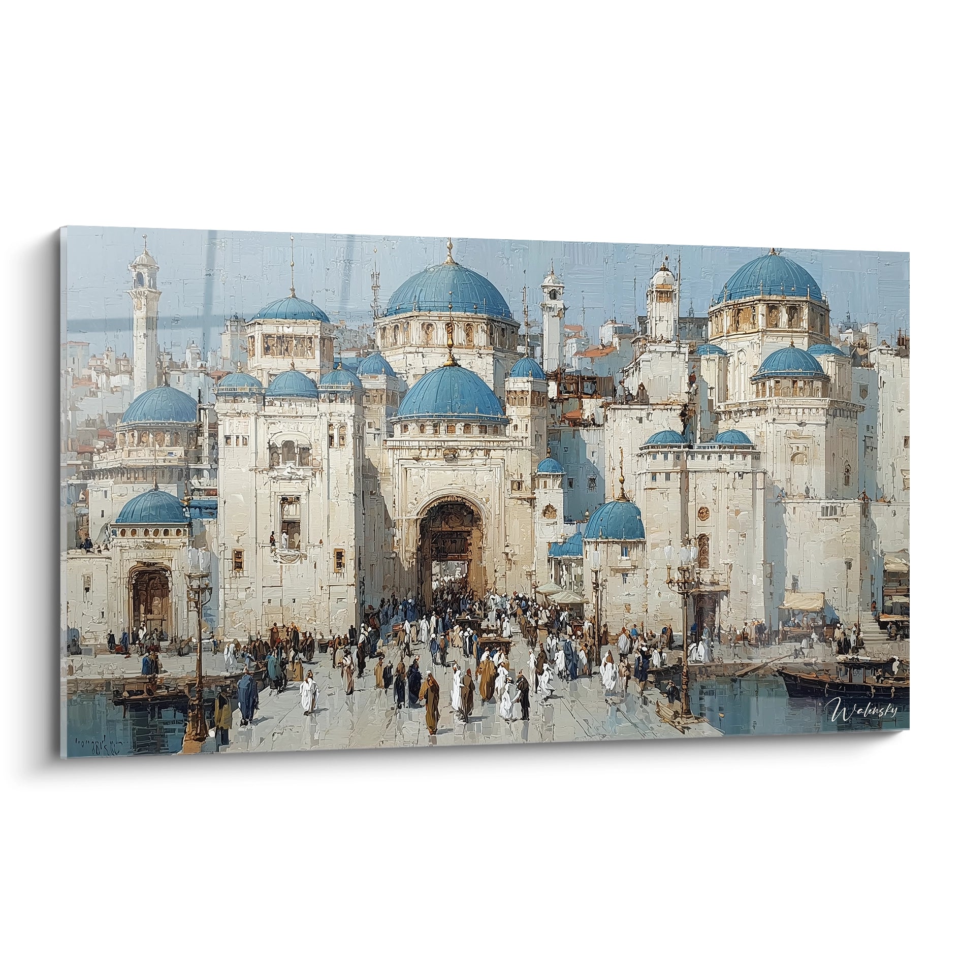 Tableau mosquée orientalisme Walensky affiche toile murale représentant une grande mosquée aux dômes bleus et foule