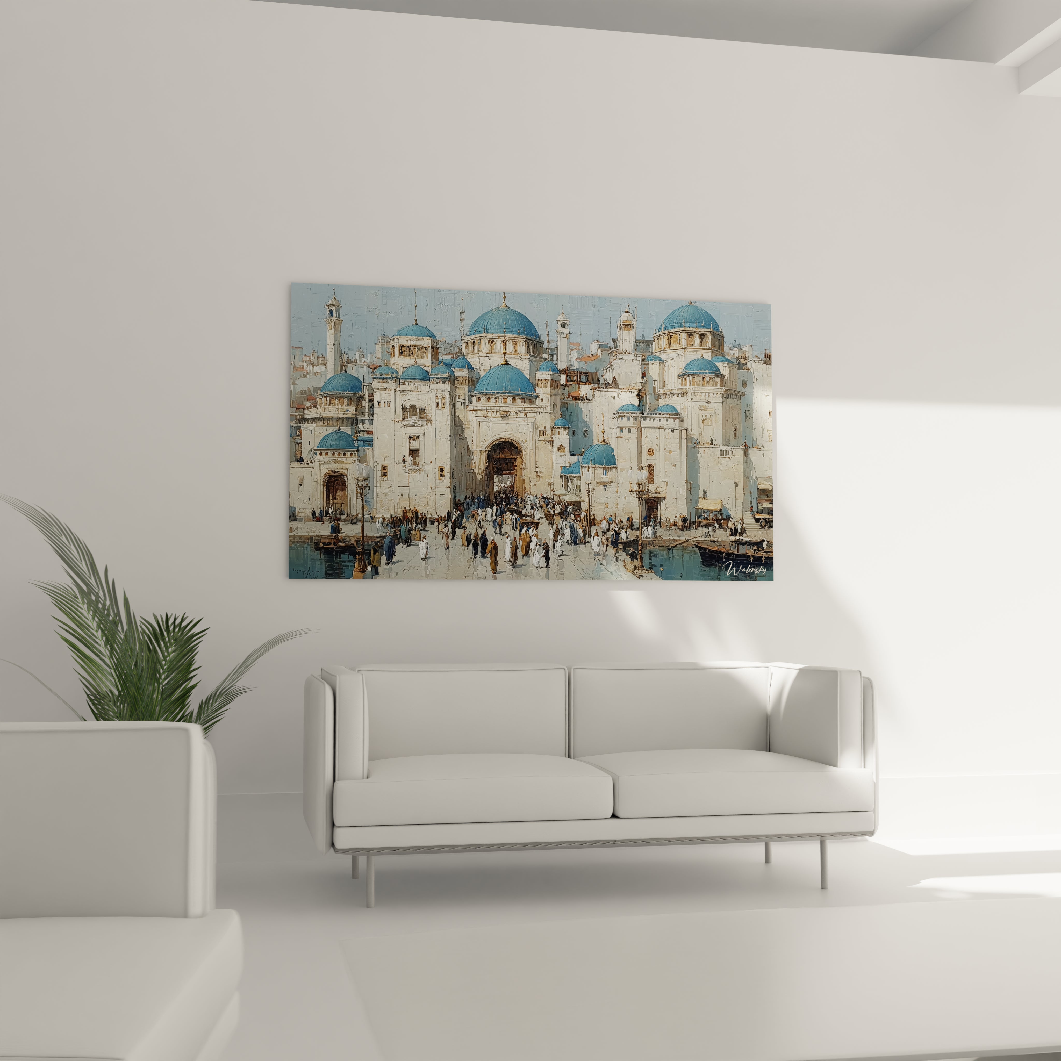 tableau mosquée orientalisme Walensky montrant une grande mosquée aux dômes bleus avec foule accroché au mur d un salon moderne