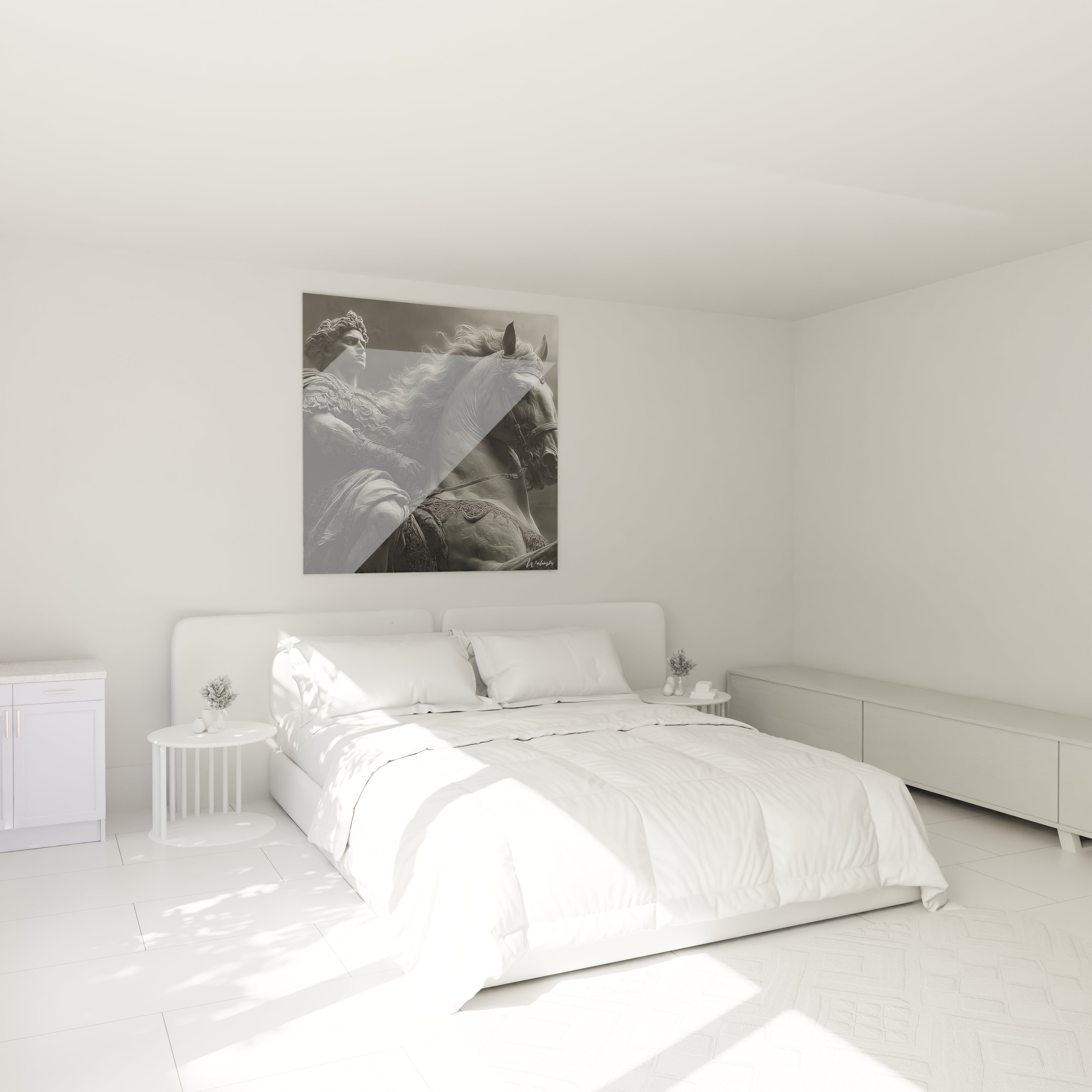 Chambre minimaliste blanche avec grand lit double et tableau mural Alexandre le Grand en noir et blanc au dessus de la tete de lit