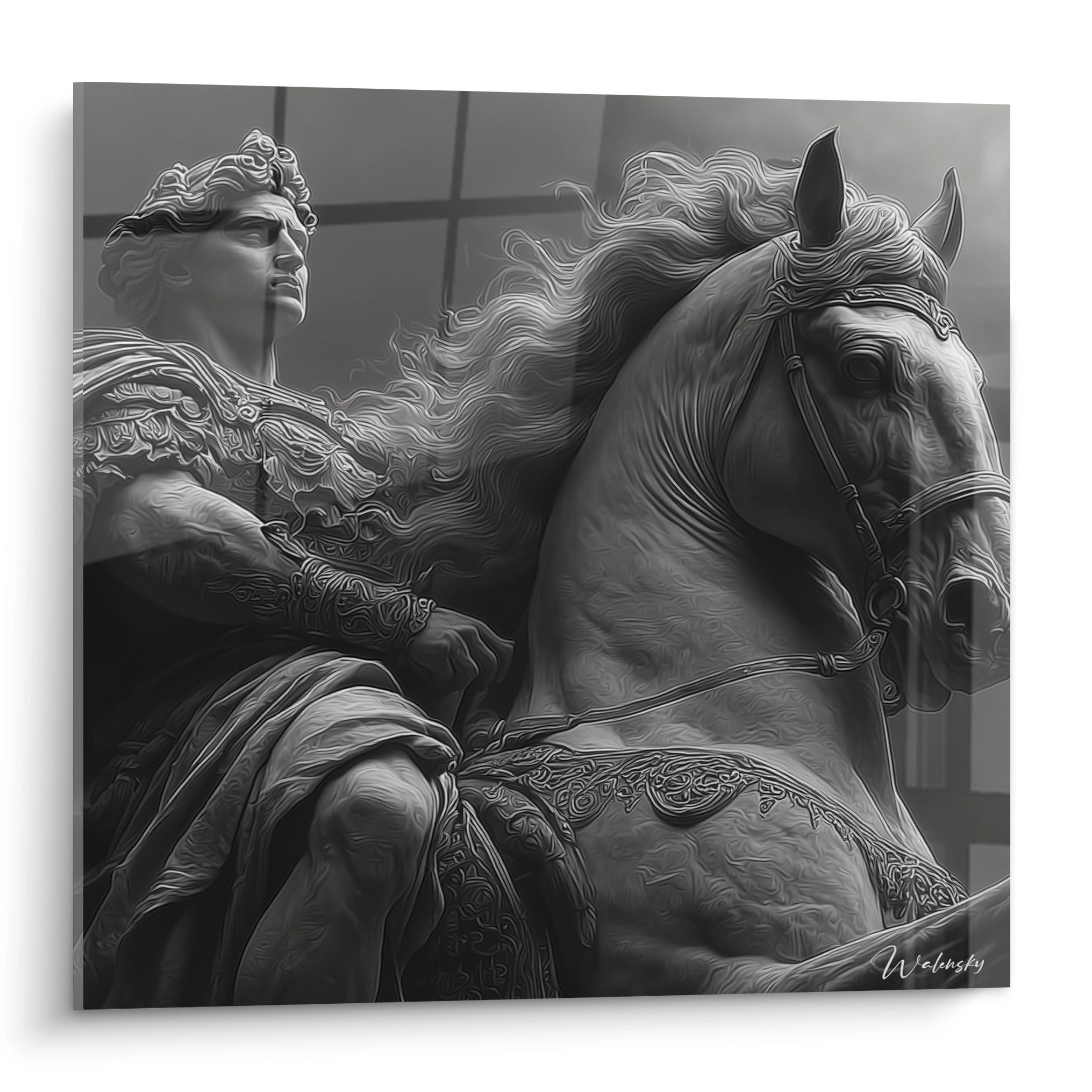 tableau mural Alexandre le Grand Walensky représentation en tons gris d une statue équestre d Alexandre le Grand