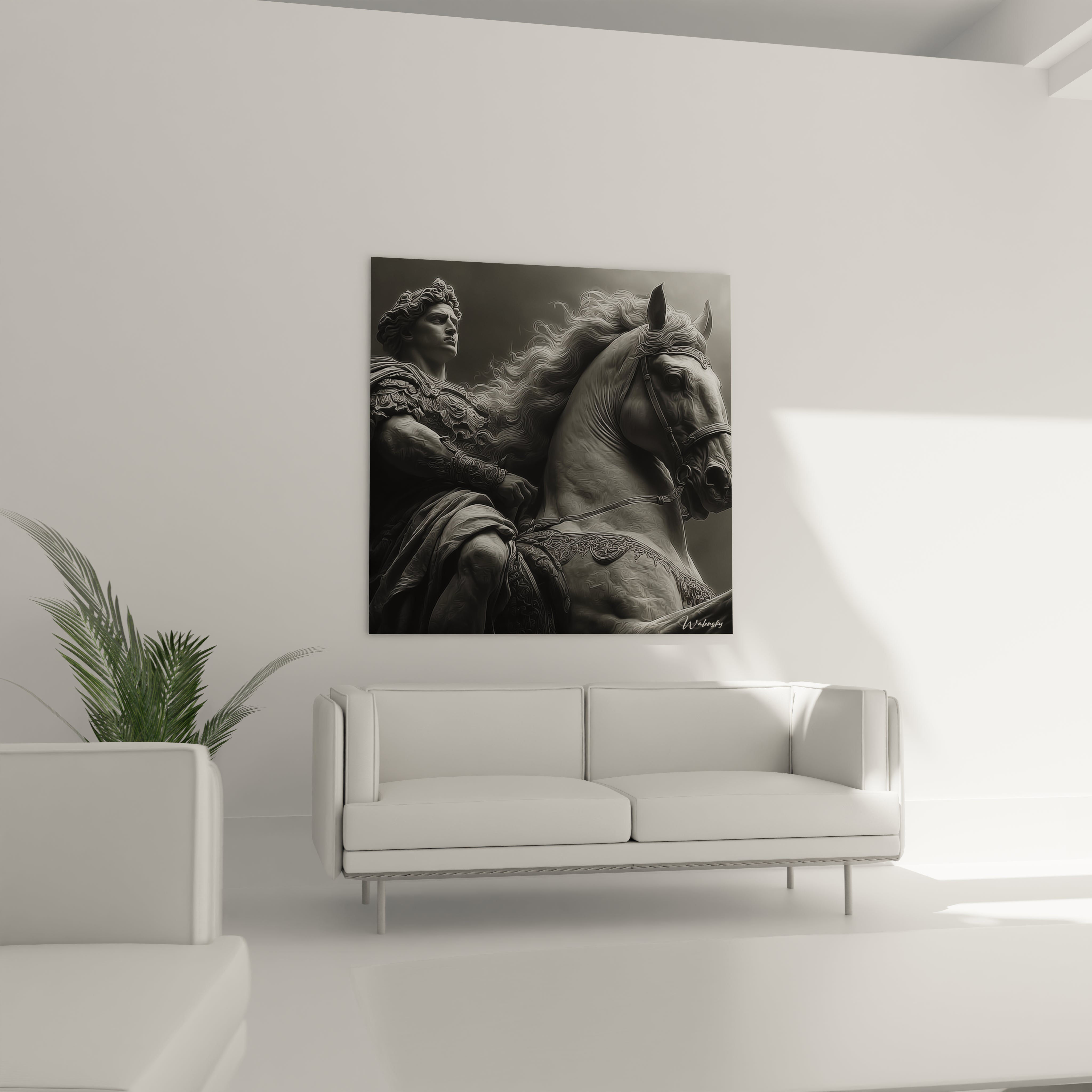 tableau mural Alexandre le Grand Walensky noir et blanc statue à cheval au dessus d un canapé