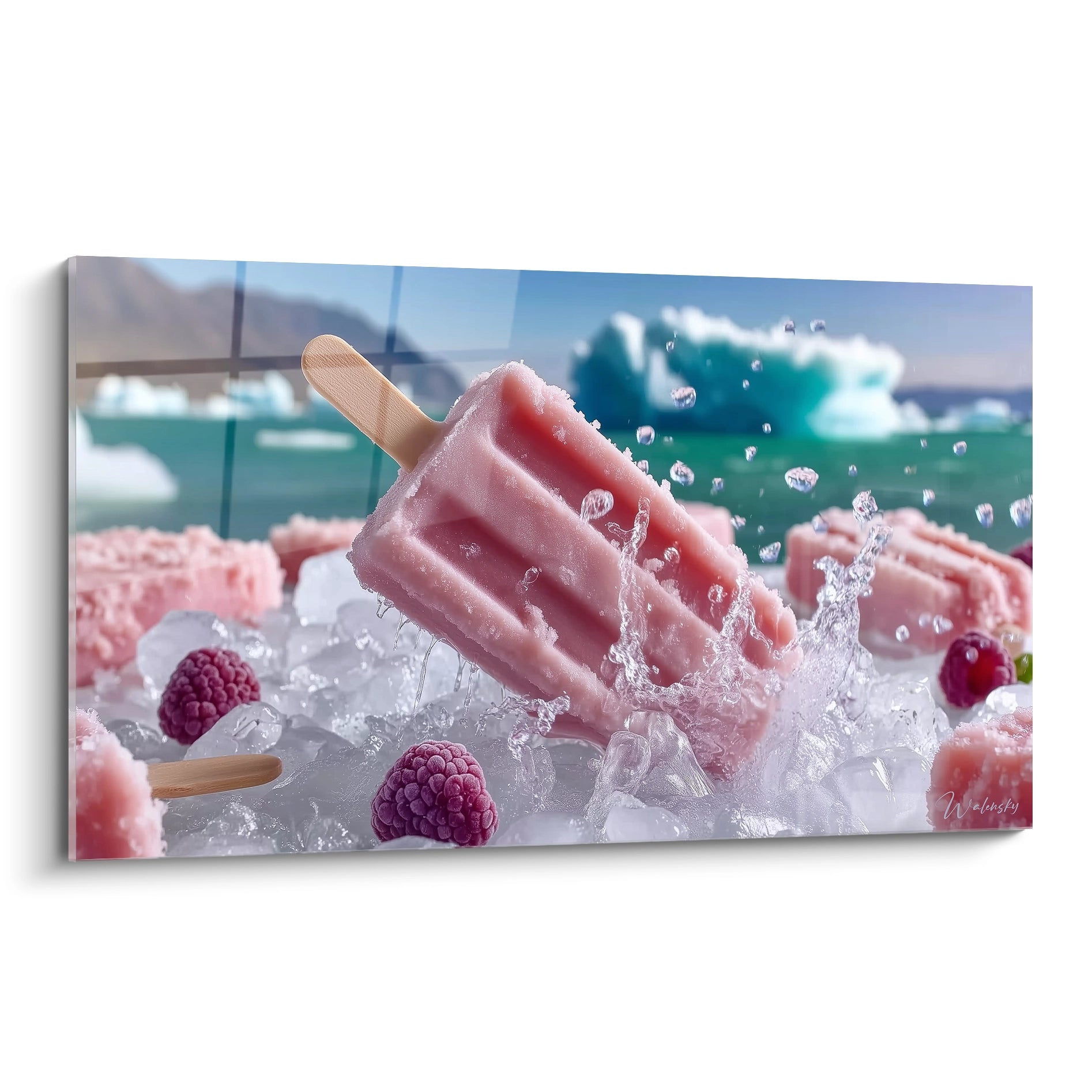 tableau mural art givré Walensky montrant sucettes glacées roses sur glace avec framboises et iceberg