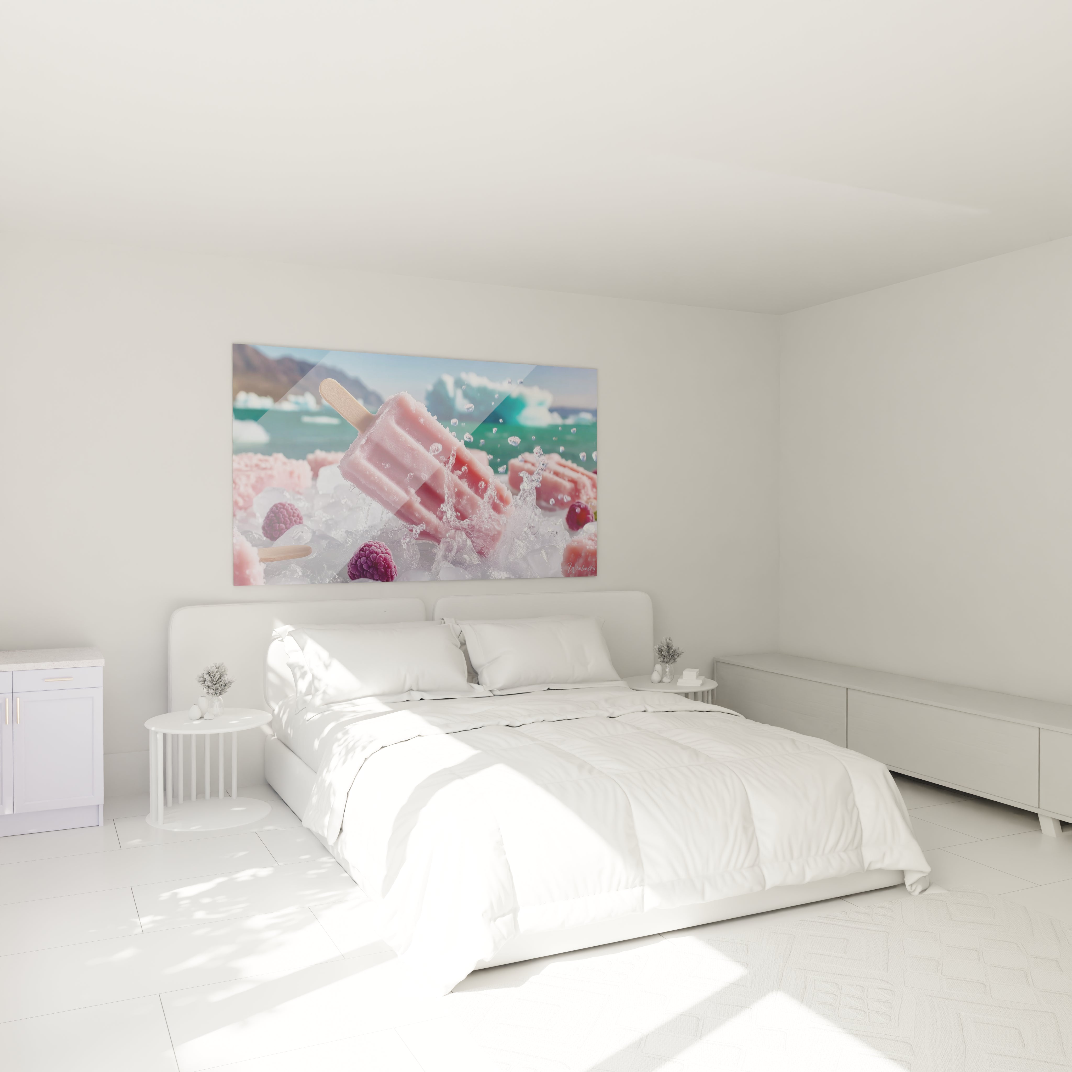 Walensky tableau mural art givré grand format au dessus du lit blanc montrant sucettes glacées et framboises