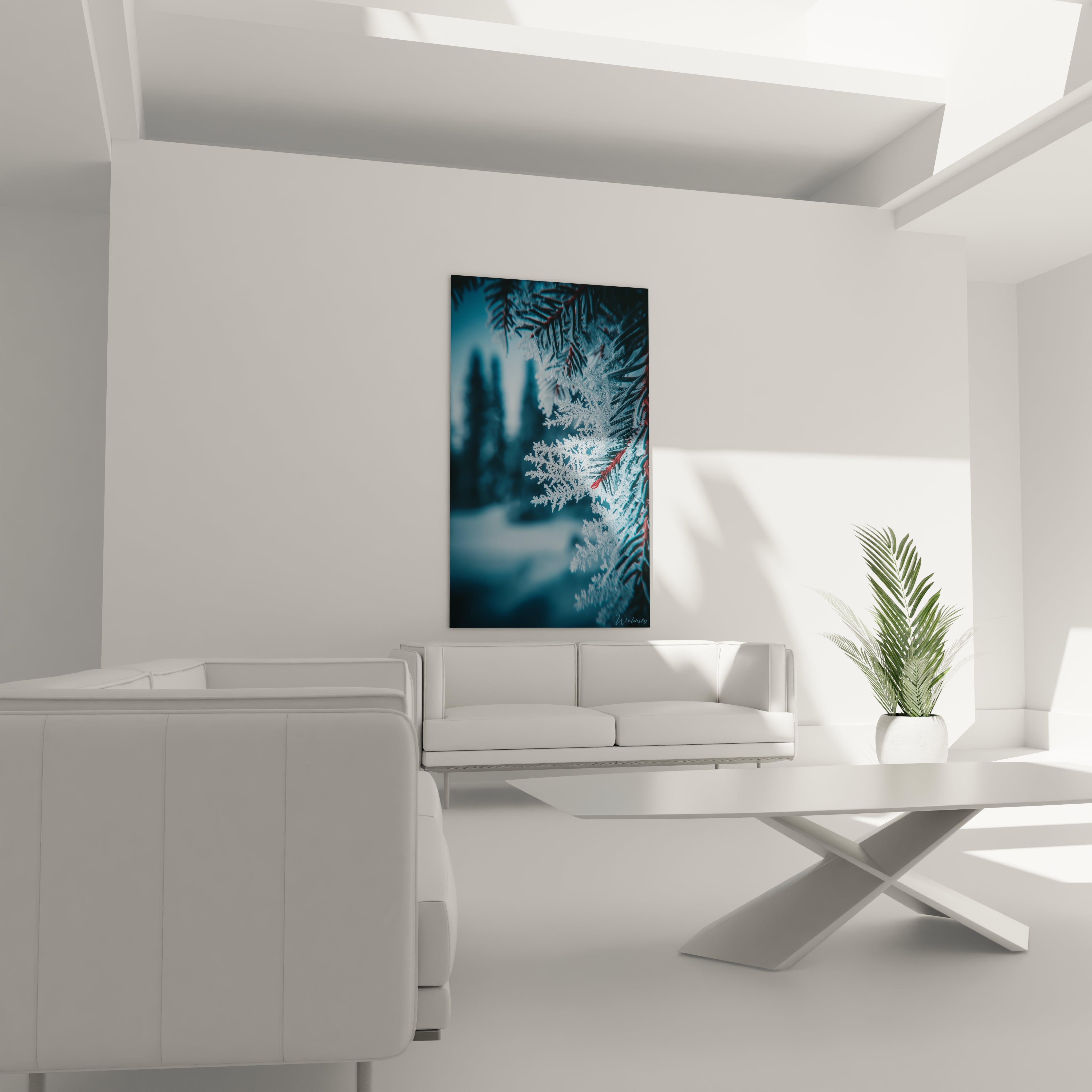 tableau mural branches givrées Walensky grand format gros plan de branches gelées bleu pour salon moderne