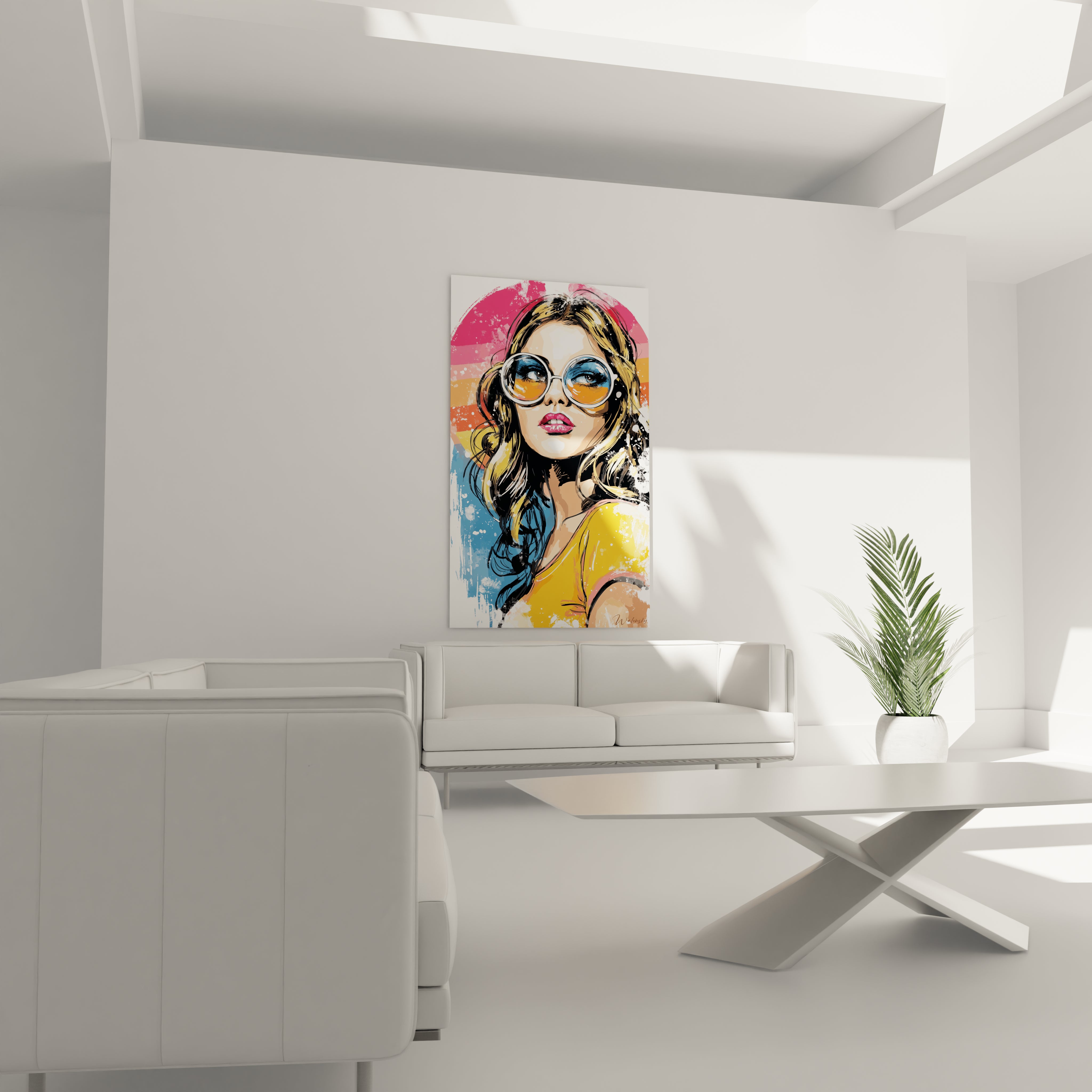tableau mural femme orange Walensky portrait pop art femme aux lunettes bleues et touches jaunes