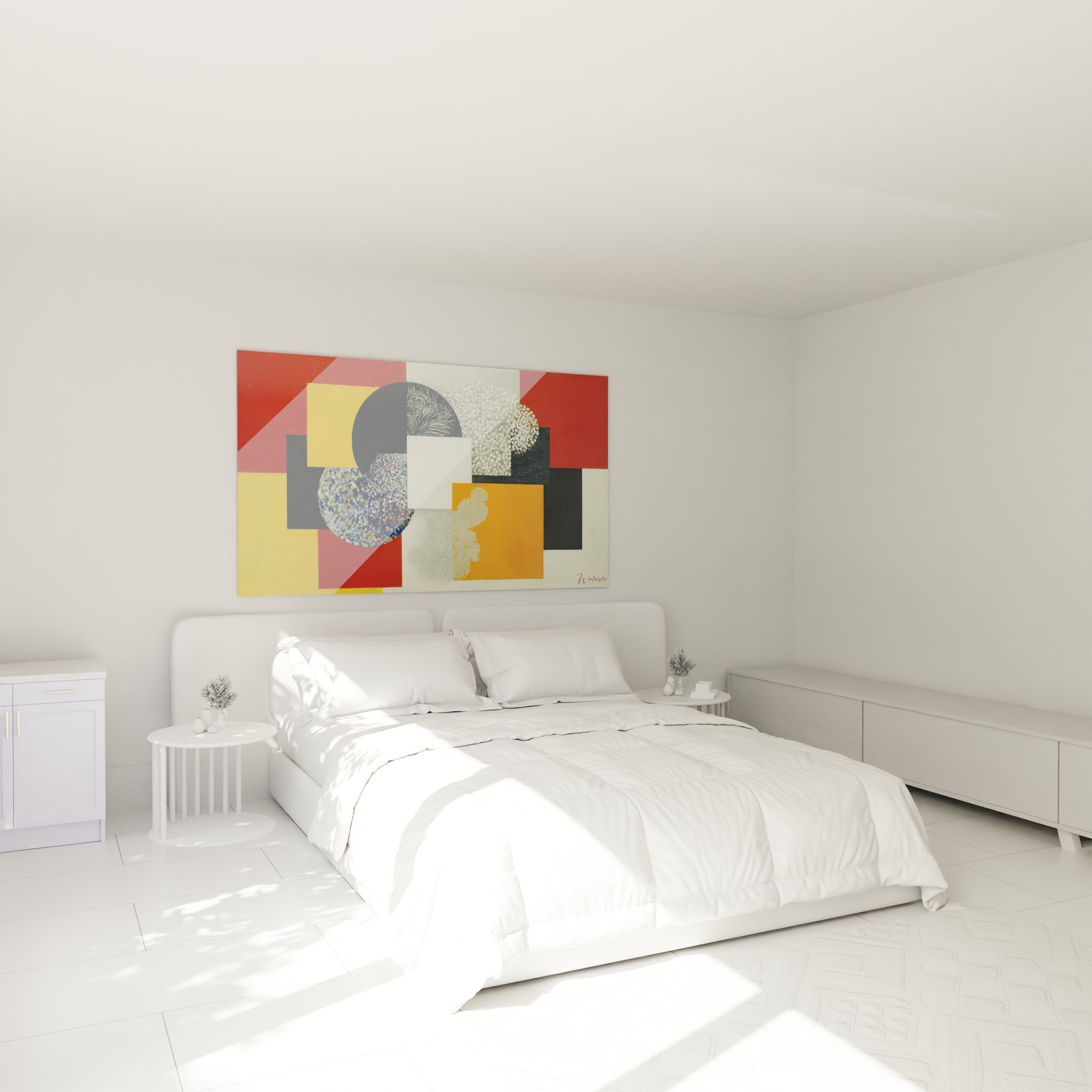tableau mural géométrique constructivisme Walensky au-dessus d'un lit blanc minimaliste