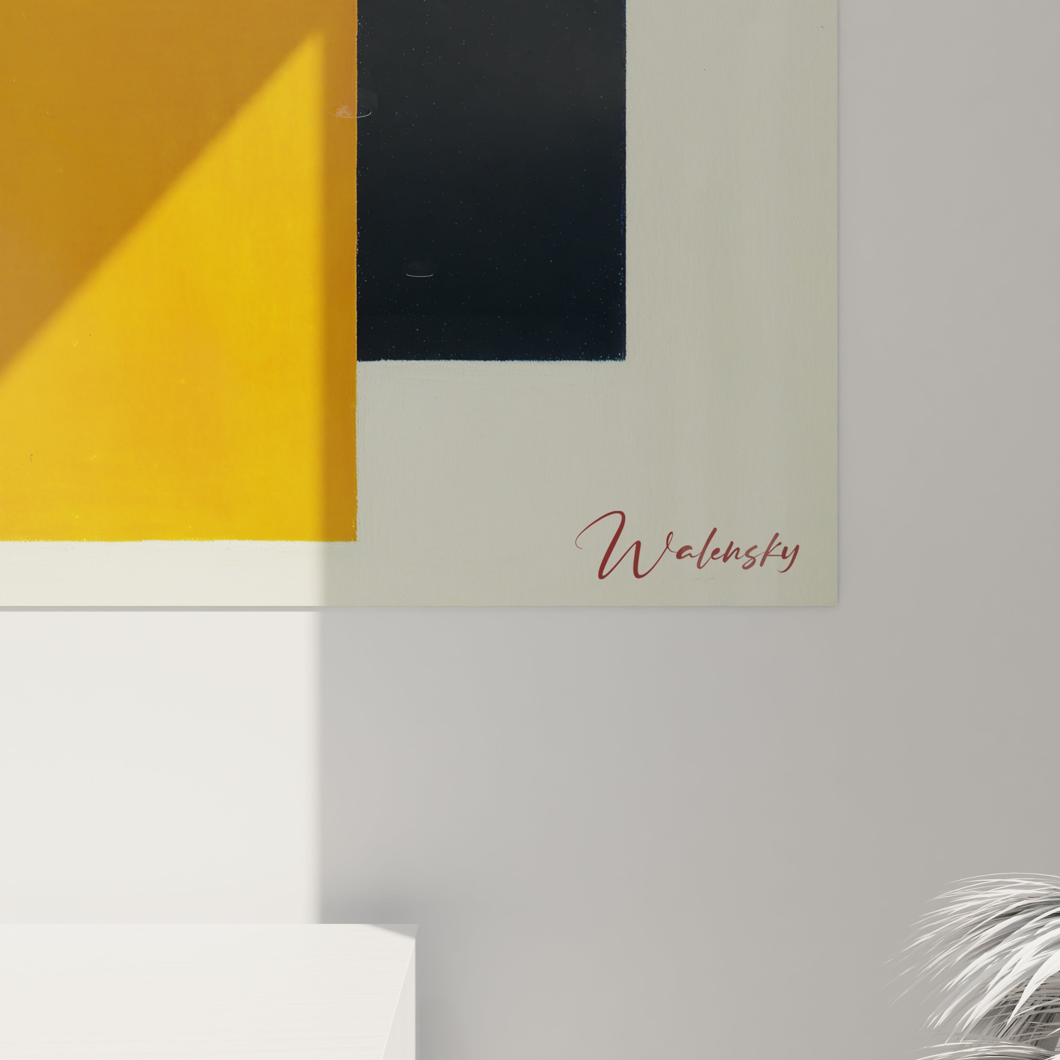 tableau mural géométrique constructivisme Walensky affichant blocs jaunes et noirs sur fond crème style minimaliste