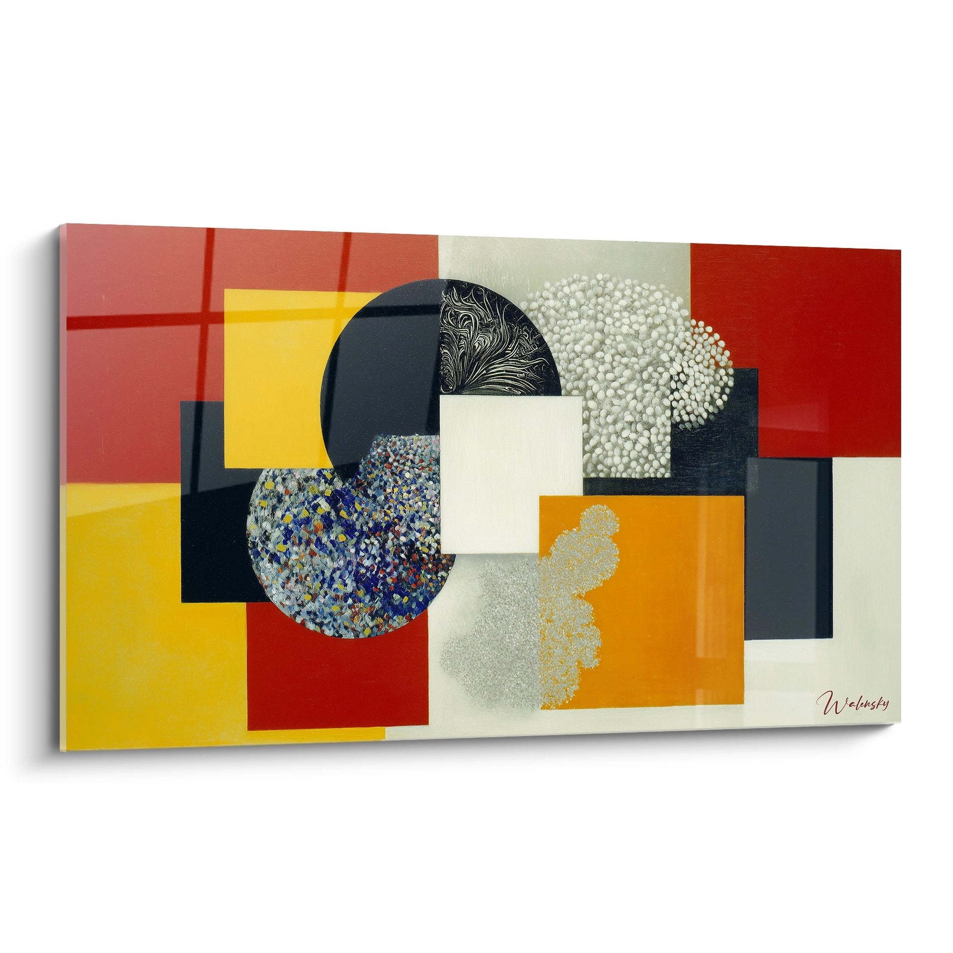 Walensky tableau mural géométrique constructivisme en formes superposées rouges jaunes noires et textures variées