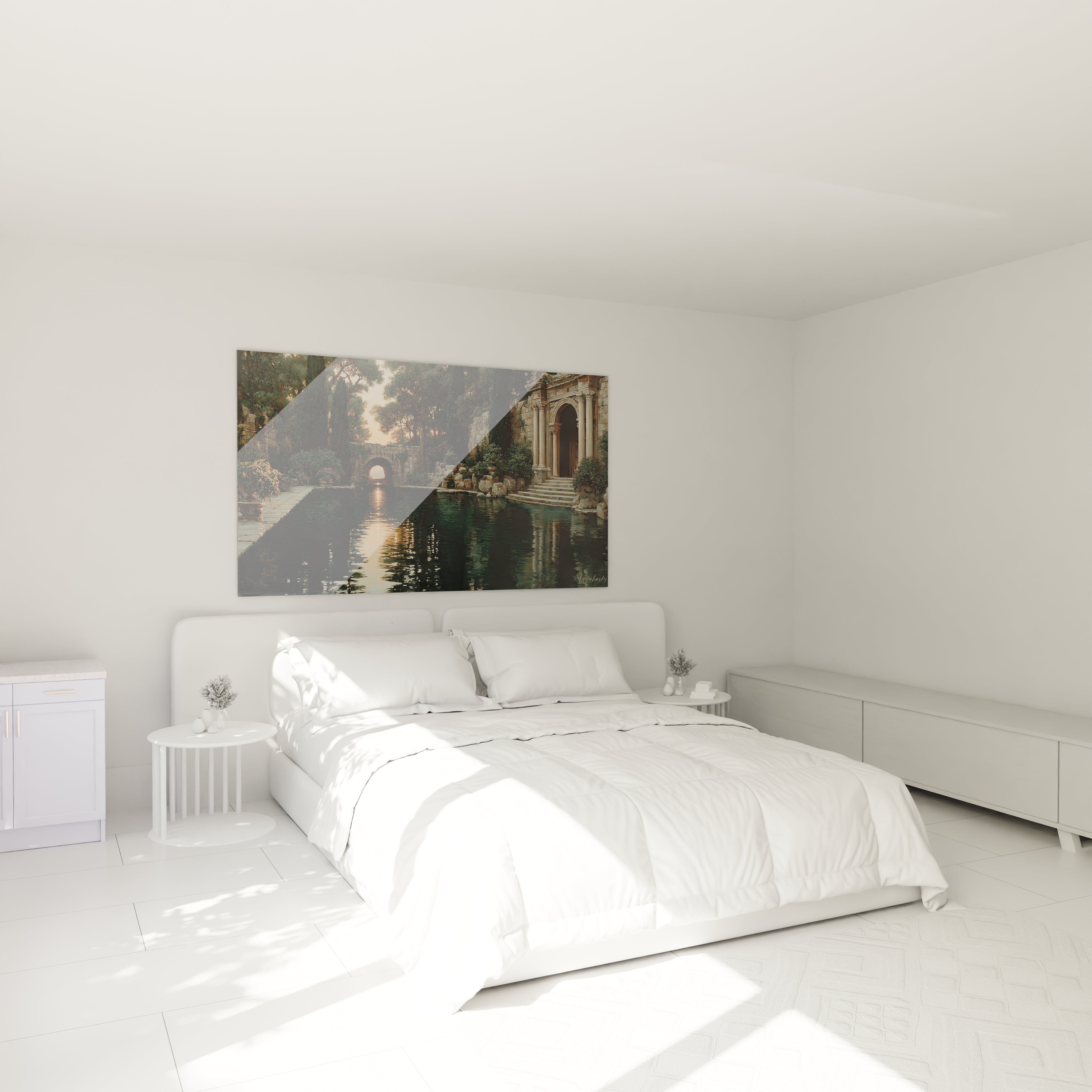 tableau mural jardin antique Walensky accroché au-dessus d'un lit blanc moderne dans une chambre lumineuse