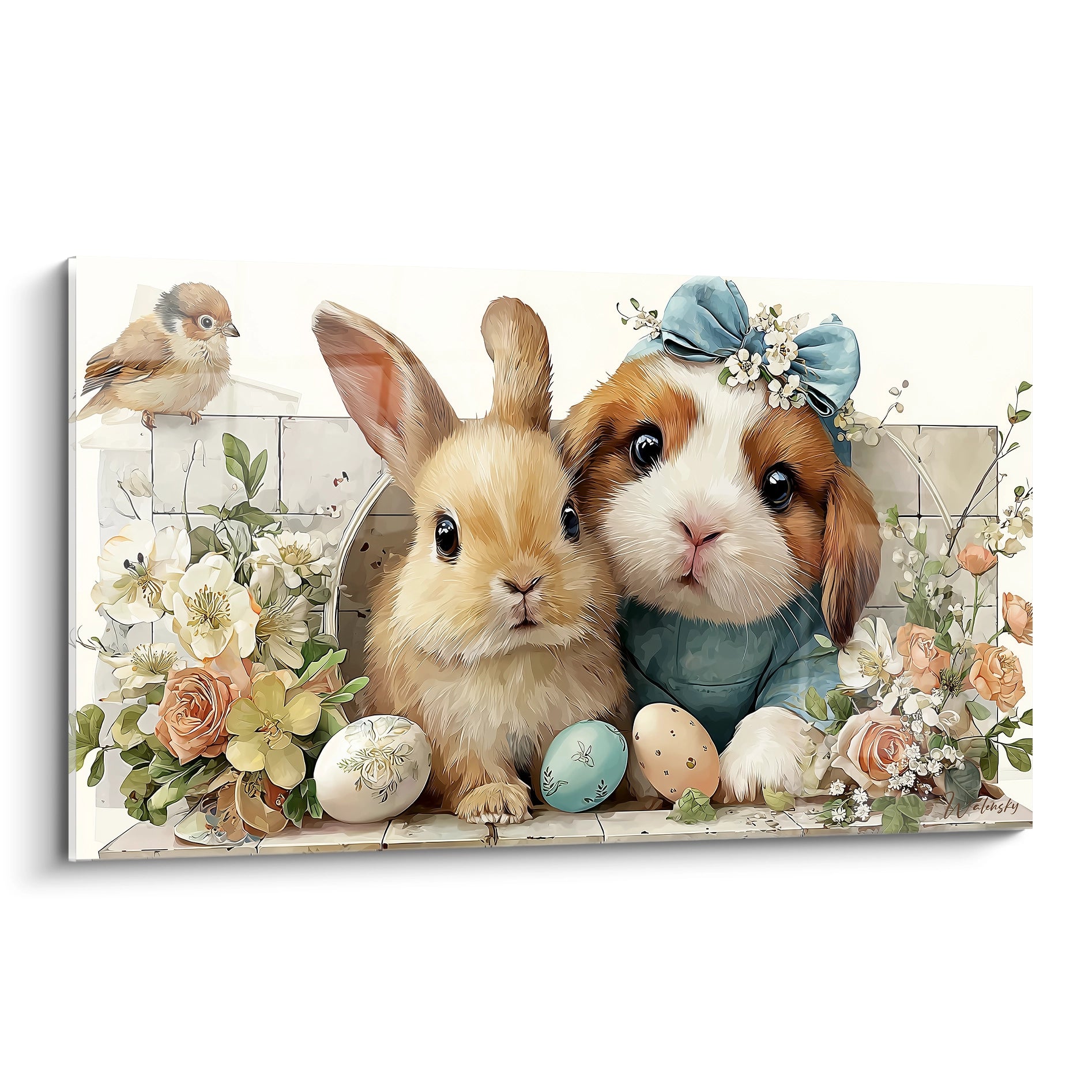 Walensky tableau mural lapins de Pâques avec lapin et cochon d Inde entoures d oeufs peints et fleurs pastel