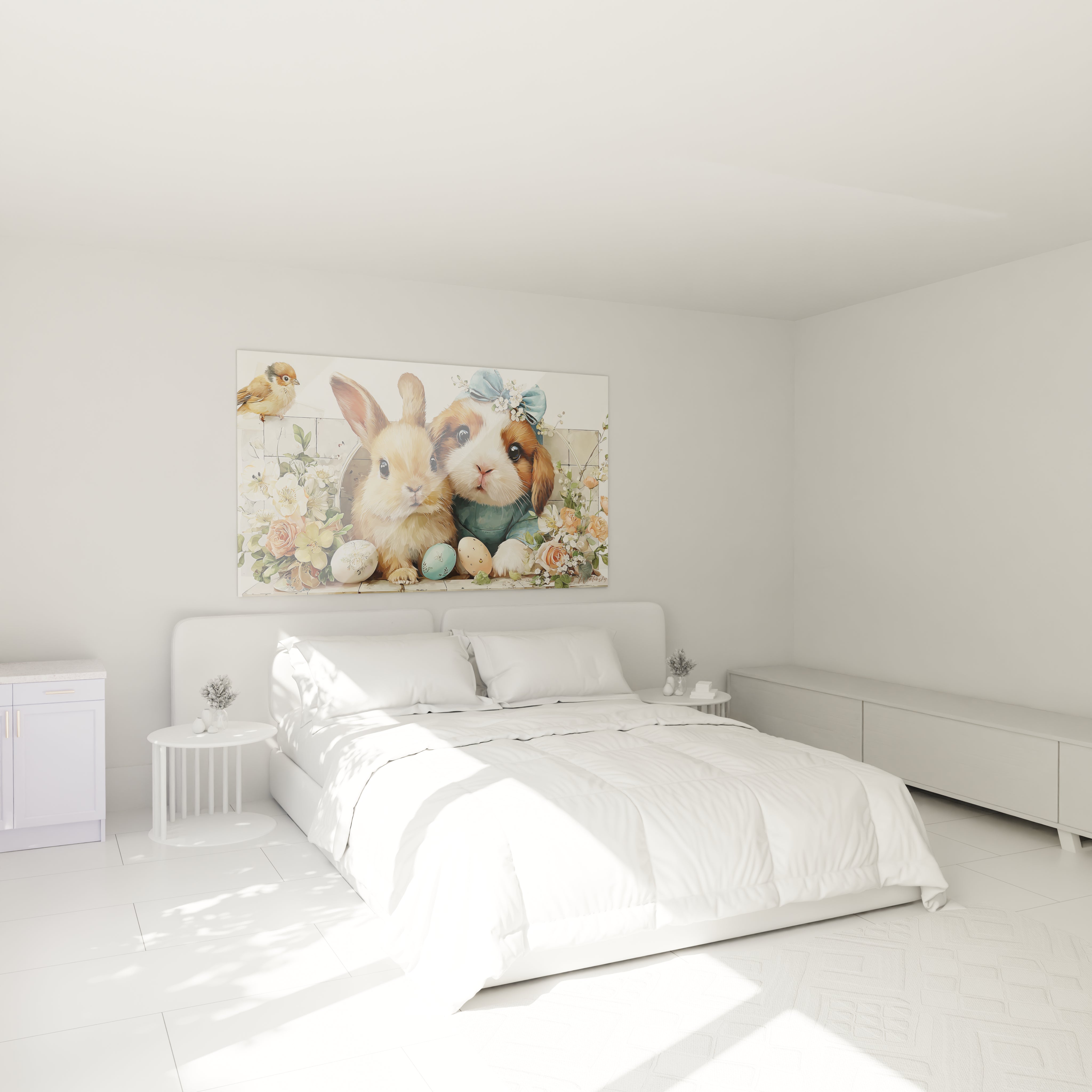 Walensky tableau mural lapins de Pâques au dessus d un lit blanc minimaliste montrant deux lapins oeufs et fleurs pastel