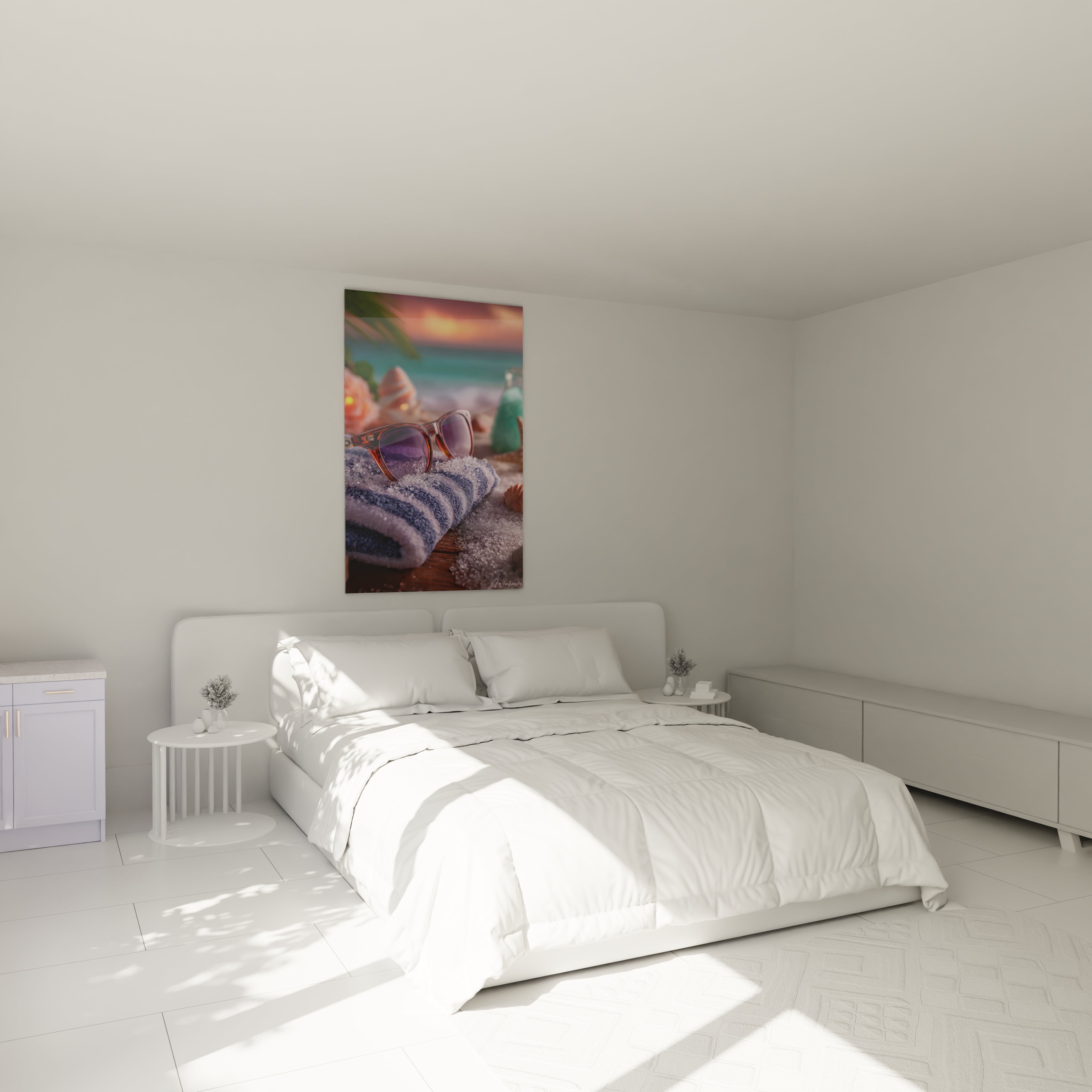 tableau mural lunettes de soleil Walensky affichant poster plage lunettes posees sur serviette coquillages et coucher de soleil