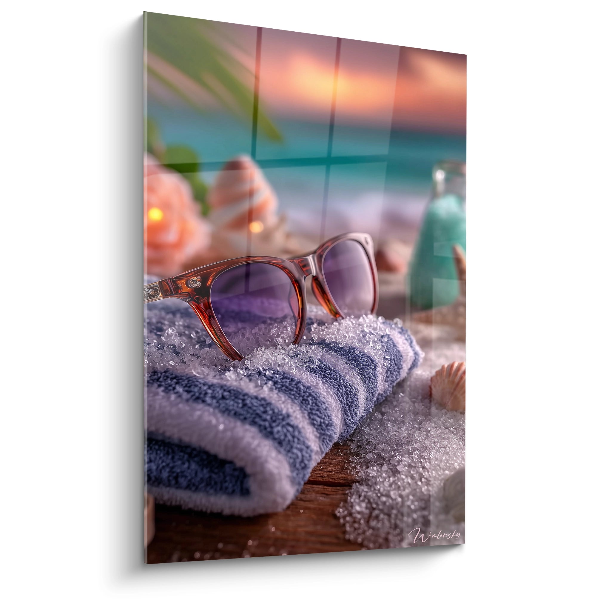 tableau mural lunettes de soleil Walensky affiche plage lunettes sur serviette et coquillages au coucher de soleil