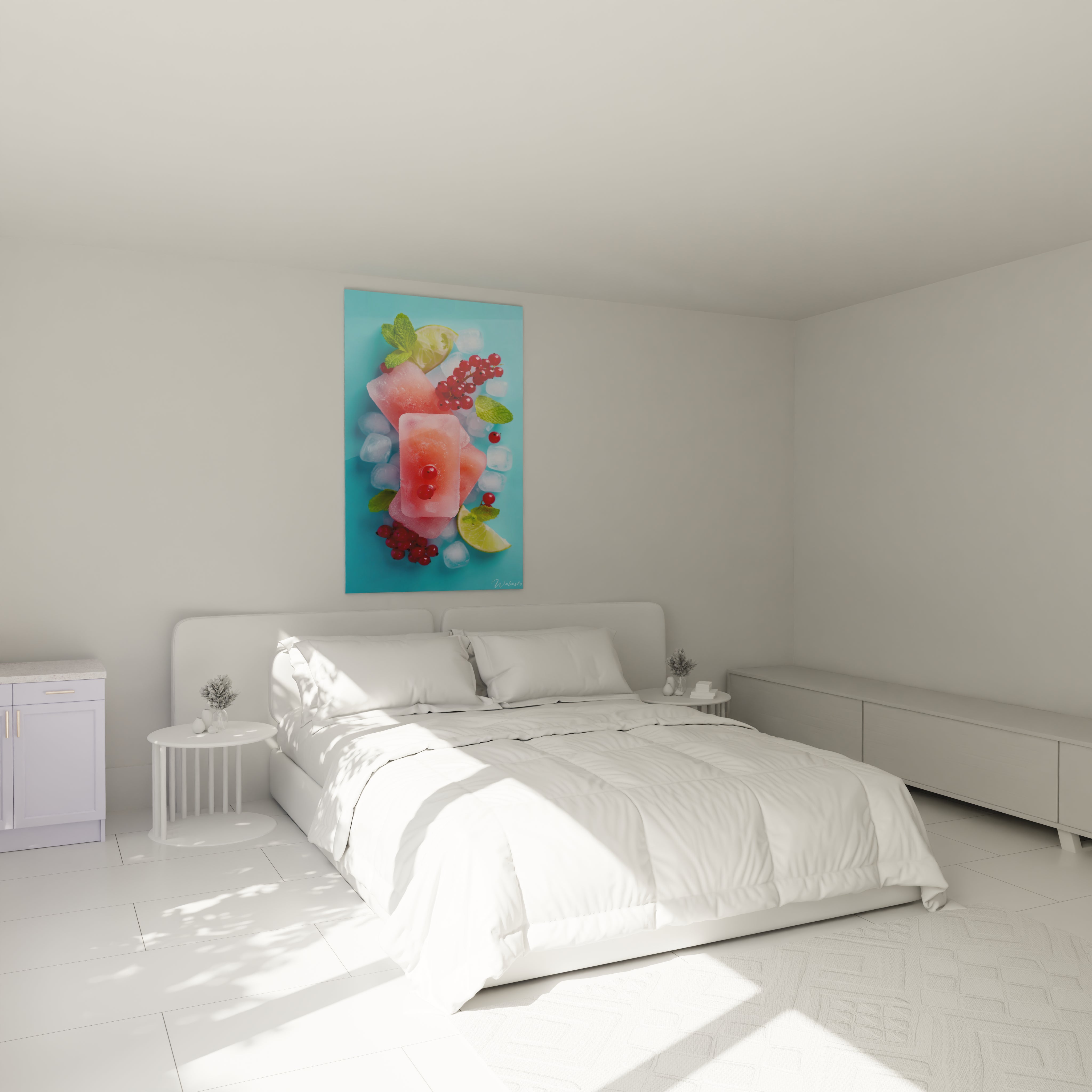 tableau mural menthe sauvage Walensky au dessus du lit blanc minimaliste dans une chambre lumineuse