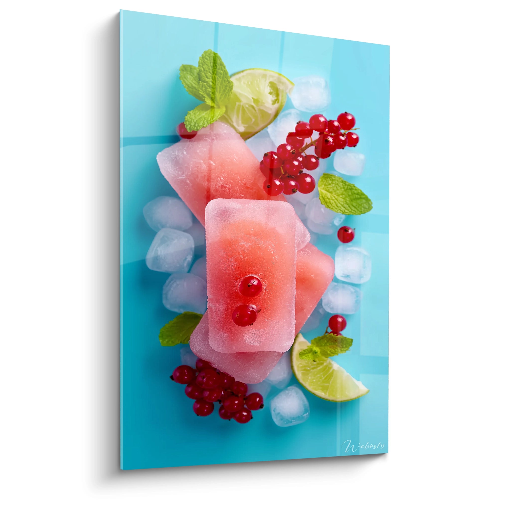 tableau mural menthe sauvage Walensky avec esquimaux rose groseilles citron vert feuilles de menthe sur fond bleu