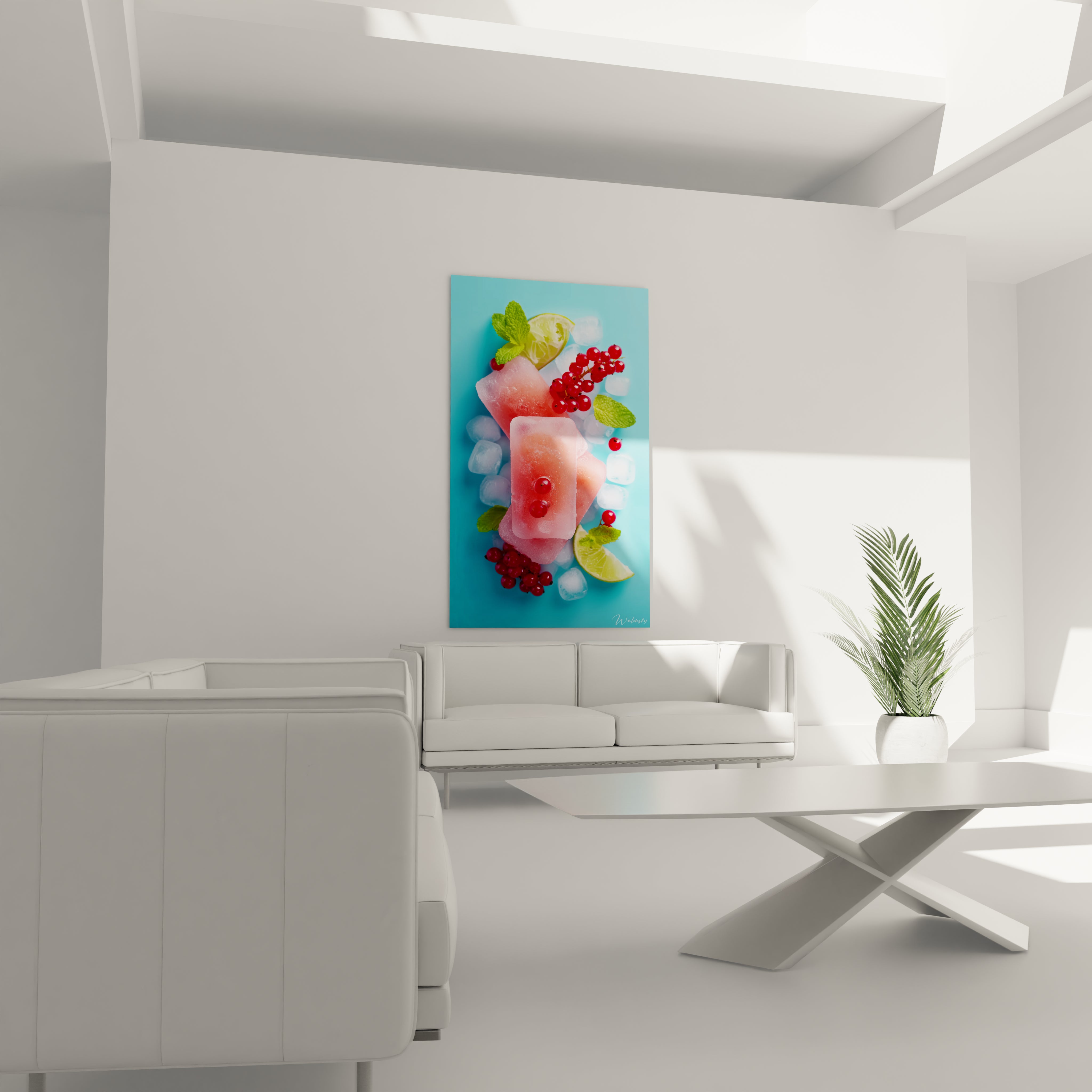 tableau mural menthe sauvage Walensky affichant fruits glacés feuilles de menthe et design vertical moderne pour salon blanc