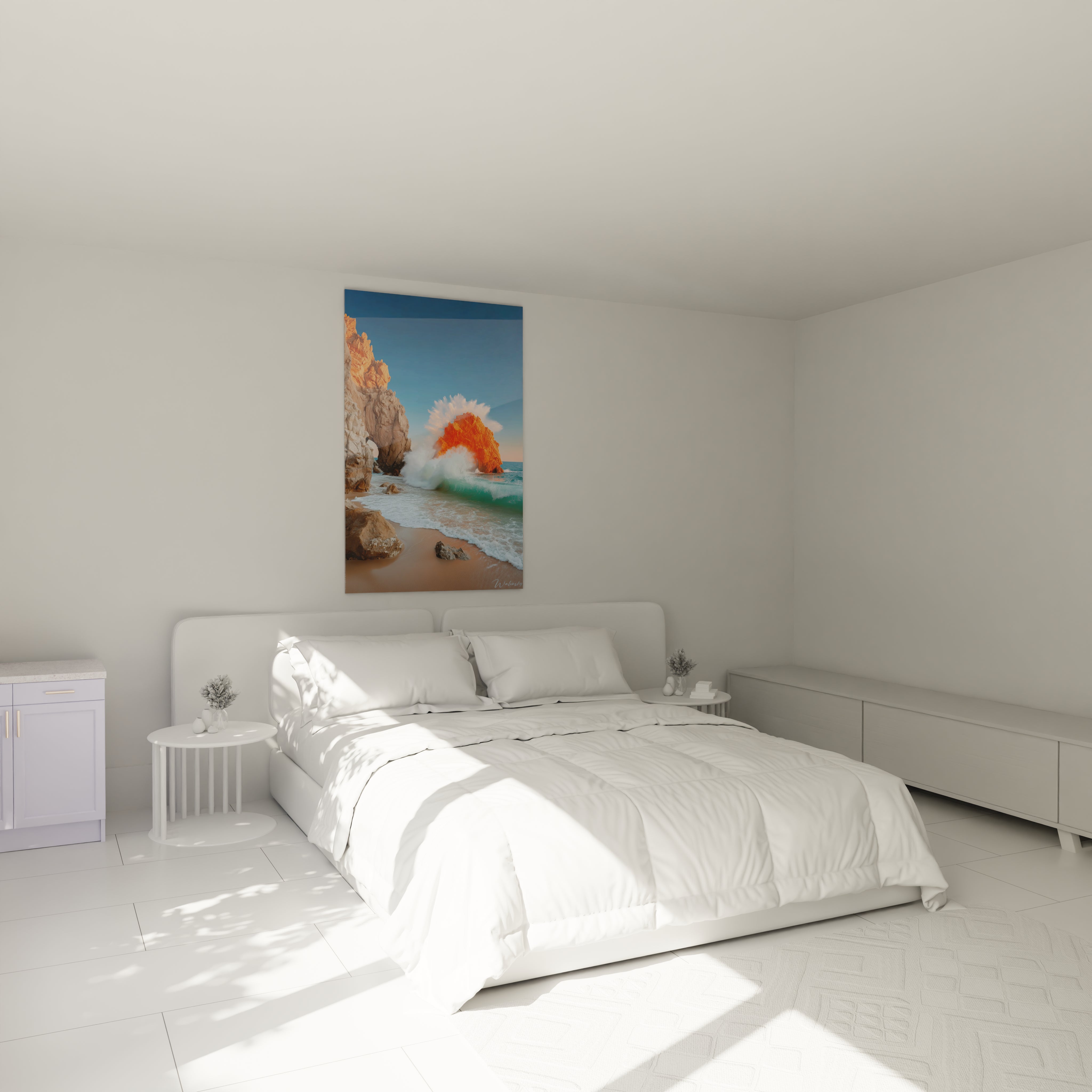 tableau mural paysage côtier Walensky accroché au dessus du lit dans une chambre minimaliste blanche
