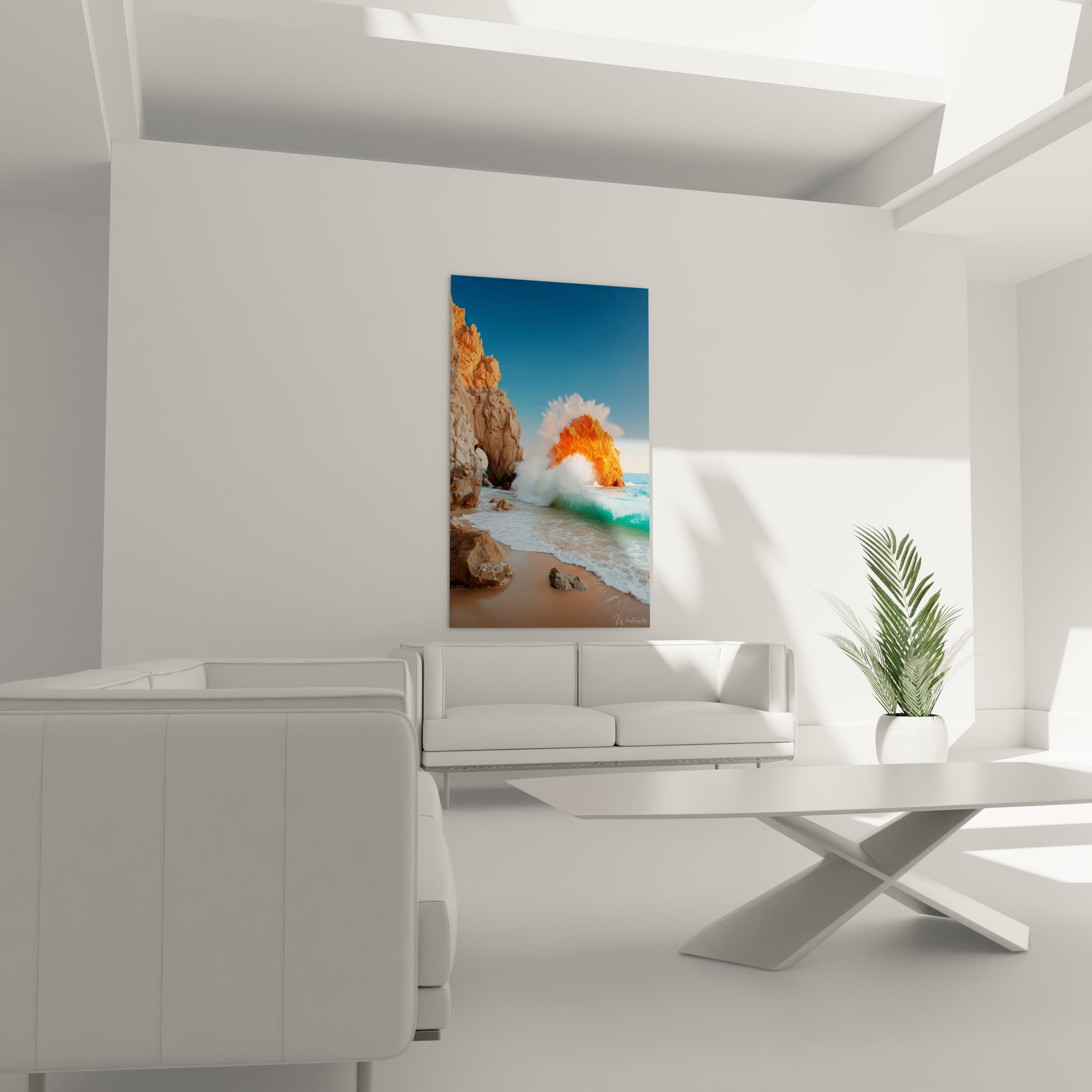 Walensky tableau mural paysage côtier avec falaise rocheuse vague éclaboussante ciel bleu accroché au salon minimaliste