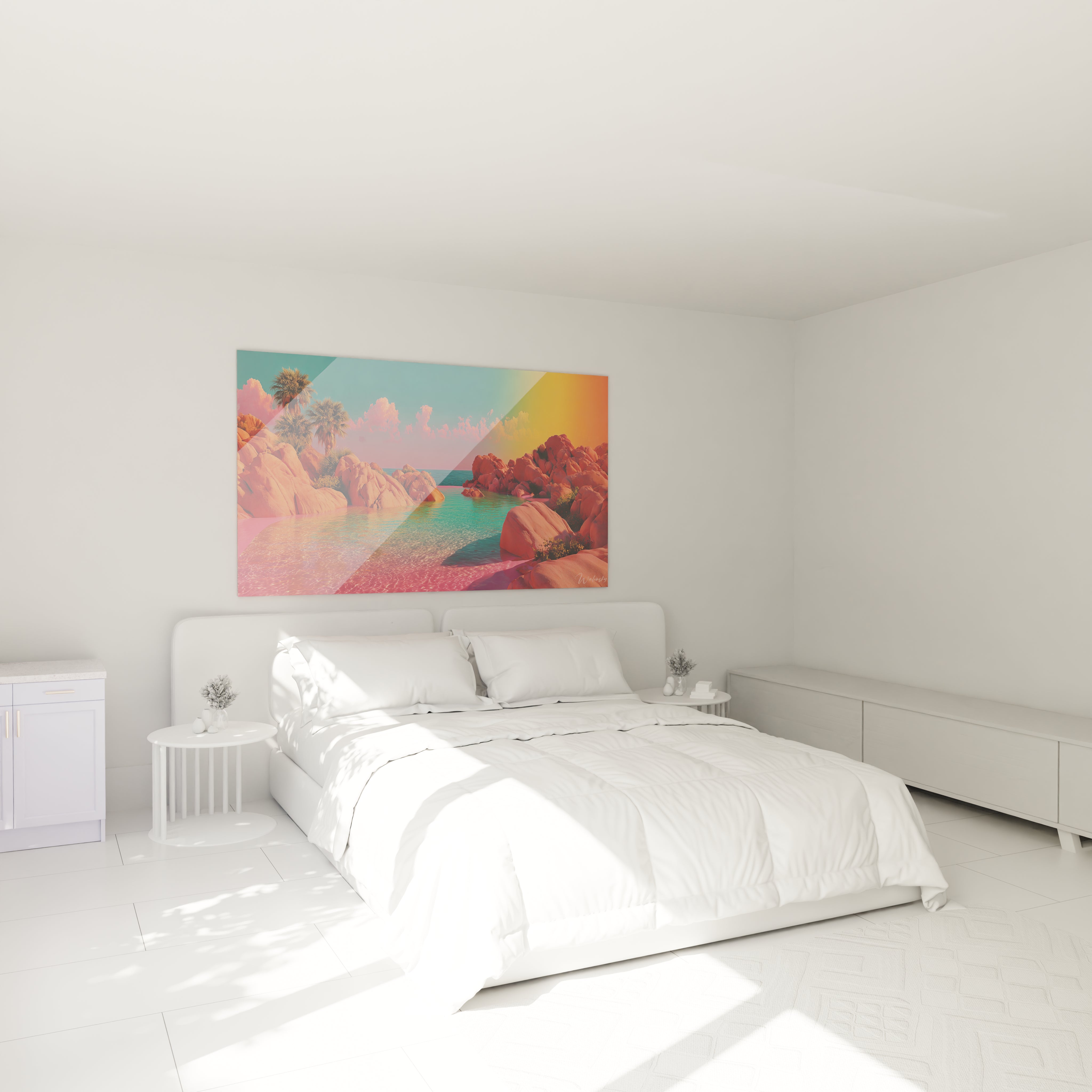 Walensky tableau mural paysage oasis couleurs pastel plage rochers toile decor moderne mur chambre au dessus du lit blanc