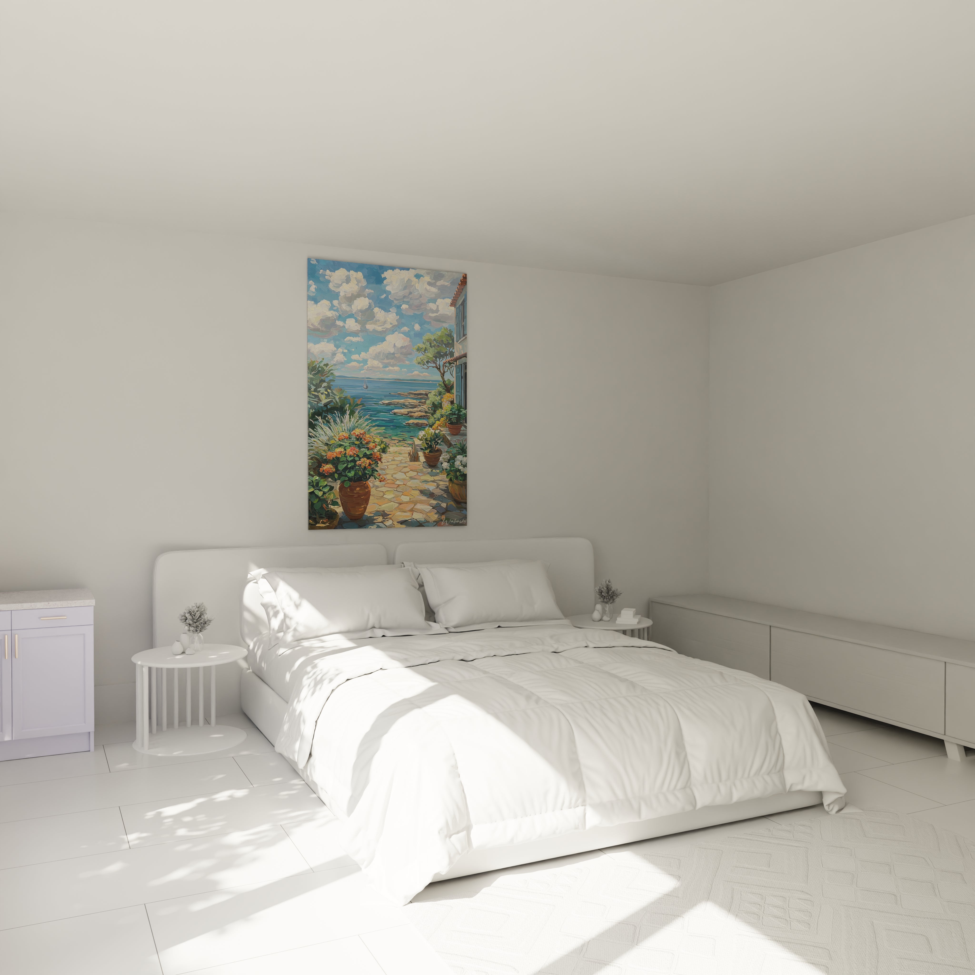Walensky tableau mural terrasse été représentant une terrasse fleurie avec vue mer, accroché au-dessus d'un lit blanc