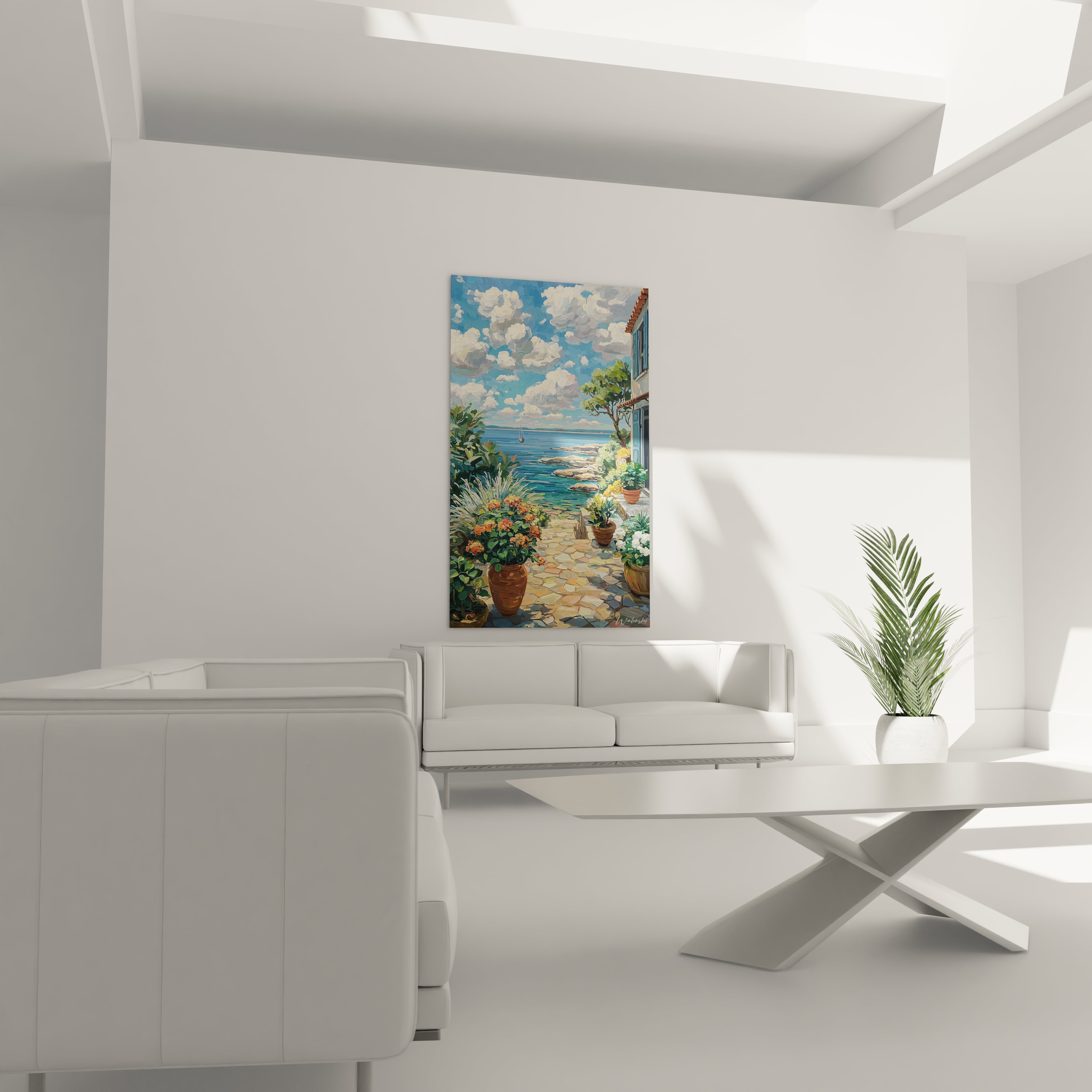 Walensky tableau mural terrasse été grand tableau vertical paysage bord de mer avec pots de fleurs lumineux