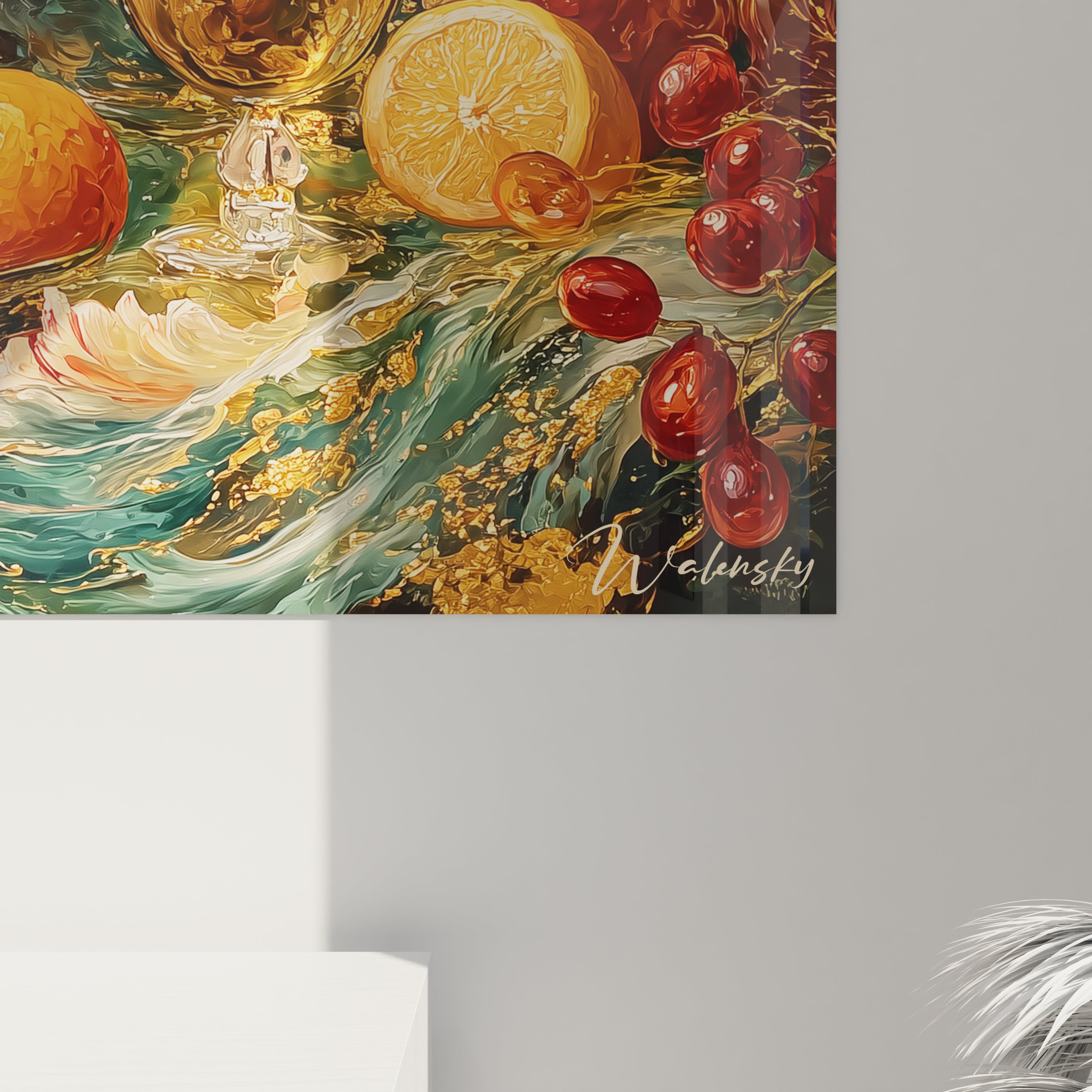 Tableau mural Walensky détaillé montrant fruits, citron, cerises et éclats dorés tableau nature morte baroque