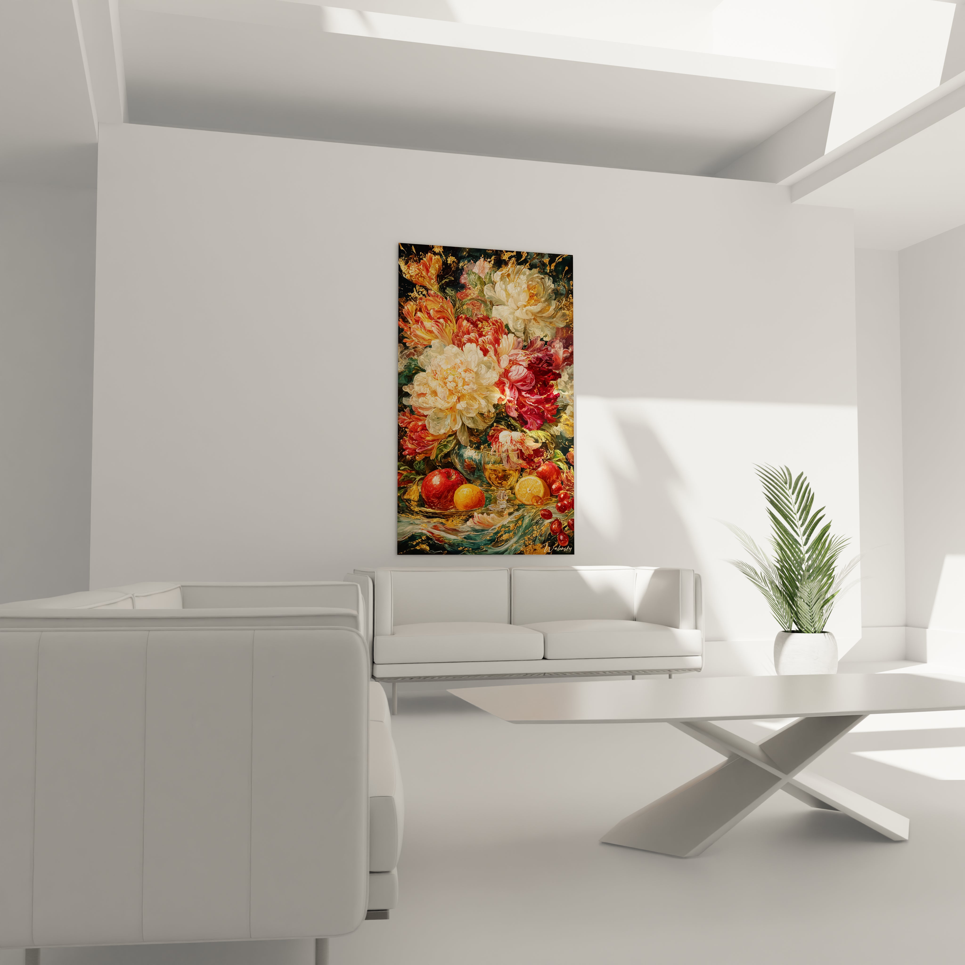 Tableau mural Walensky representant bouquet floral et fruits richement details tableau nature morte baroque