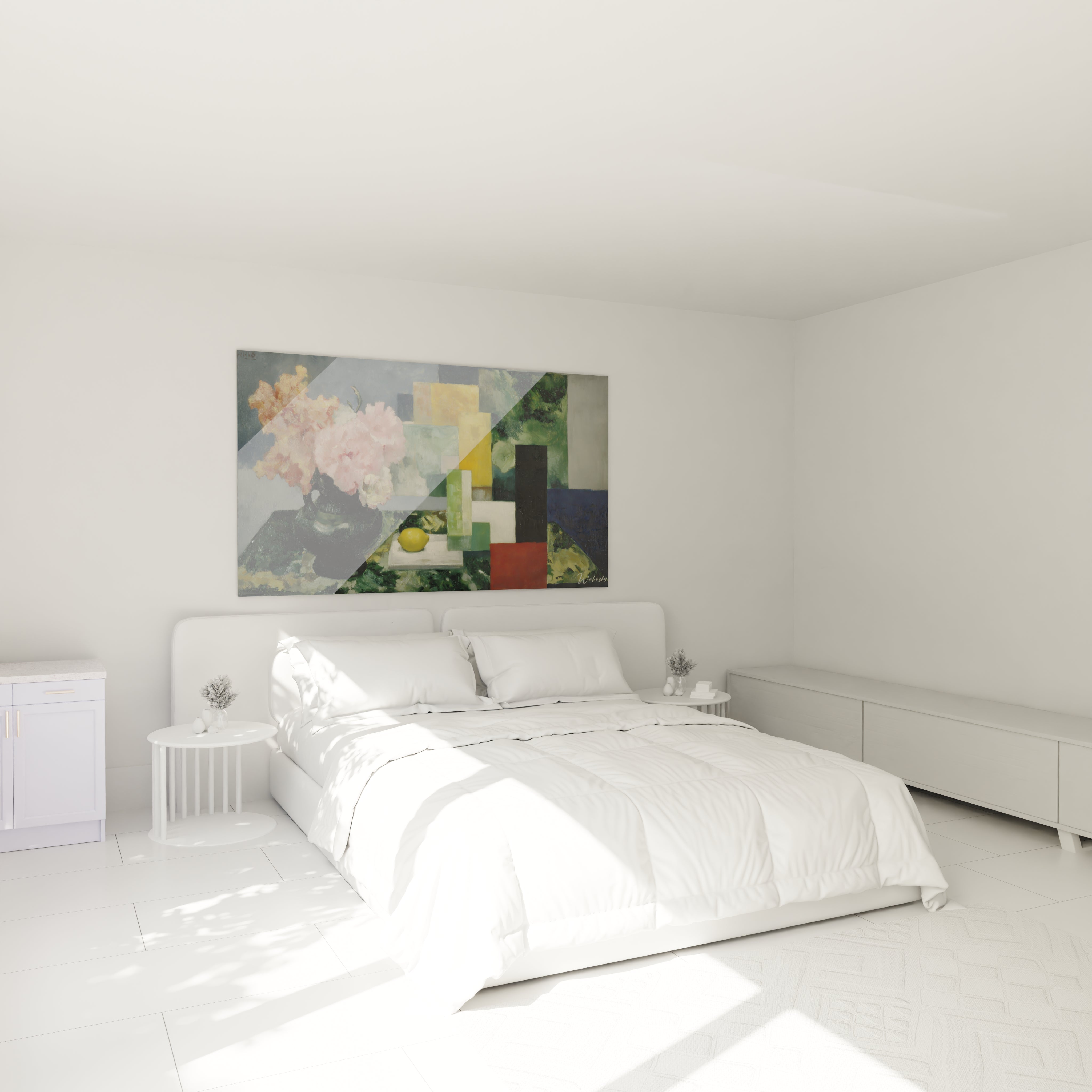 Walensky tableau nature morte fleurs moderne accroche au dessus d un lit blanc minimaliste dans chambre