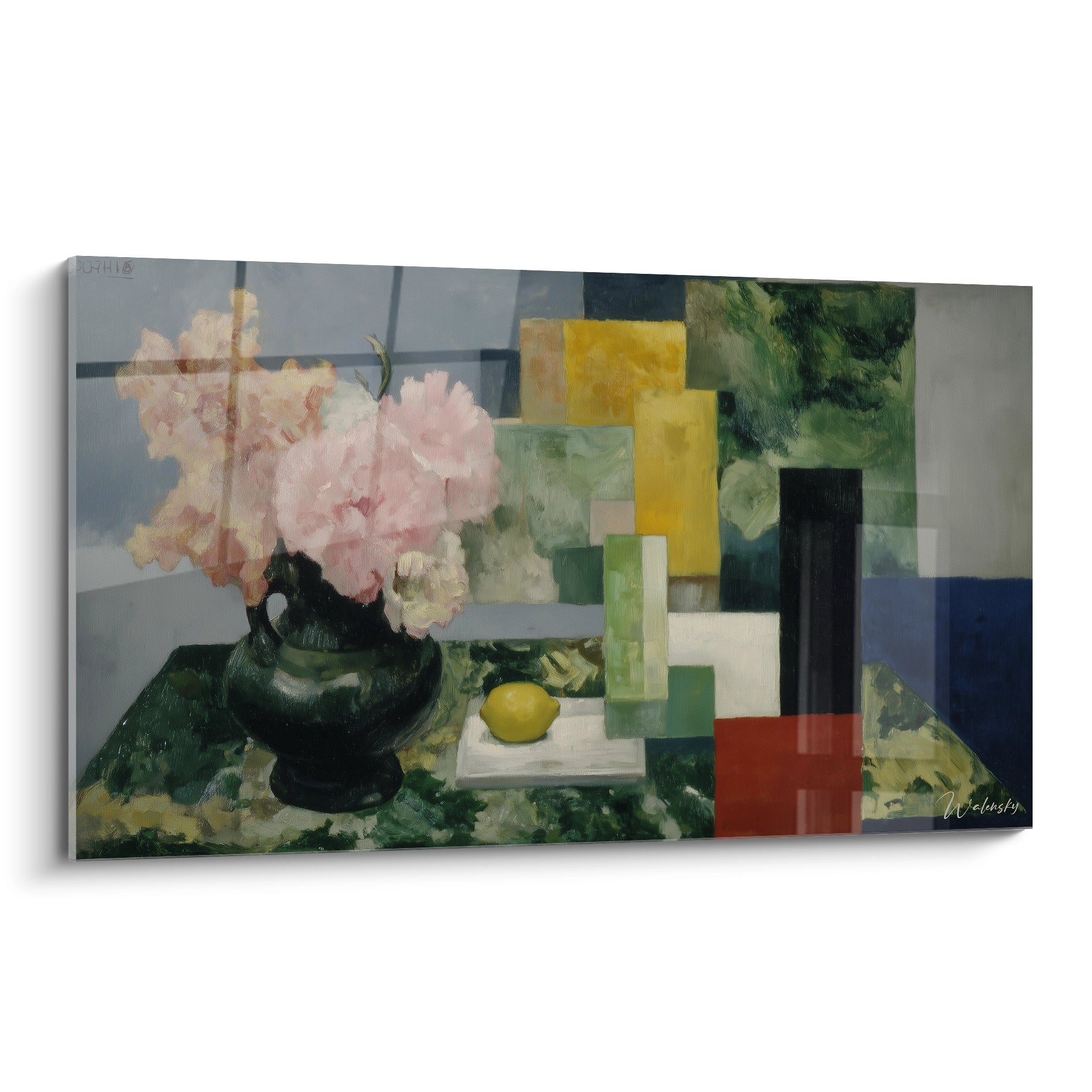 Tableau mural Walensky tableau nature morte fleurs moderne bouquet de pivoines roses vase noir citron et formes geometriques
