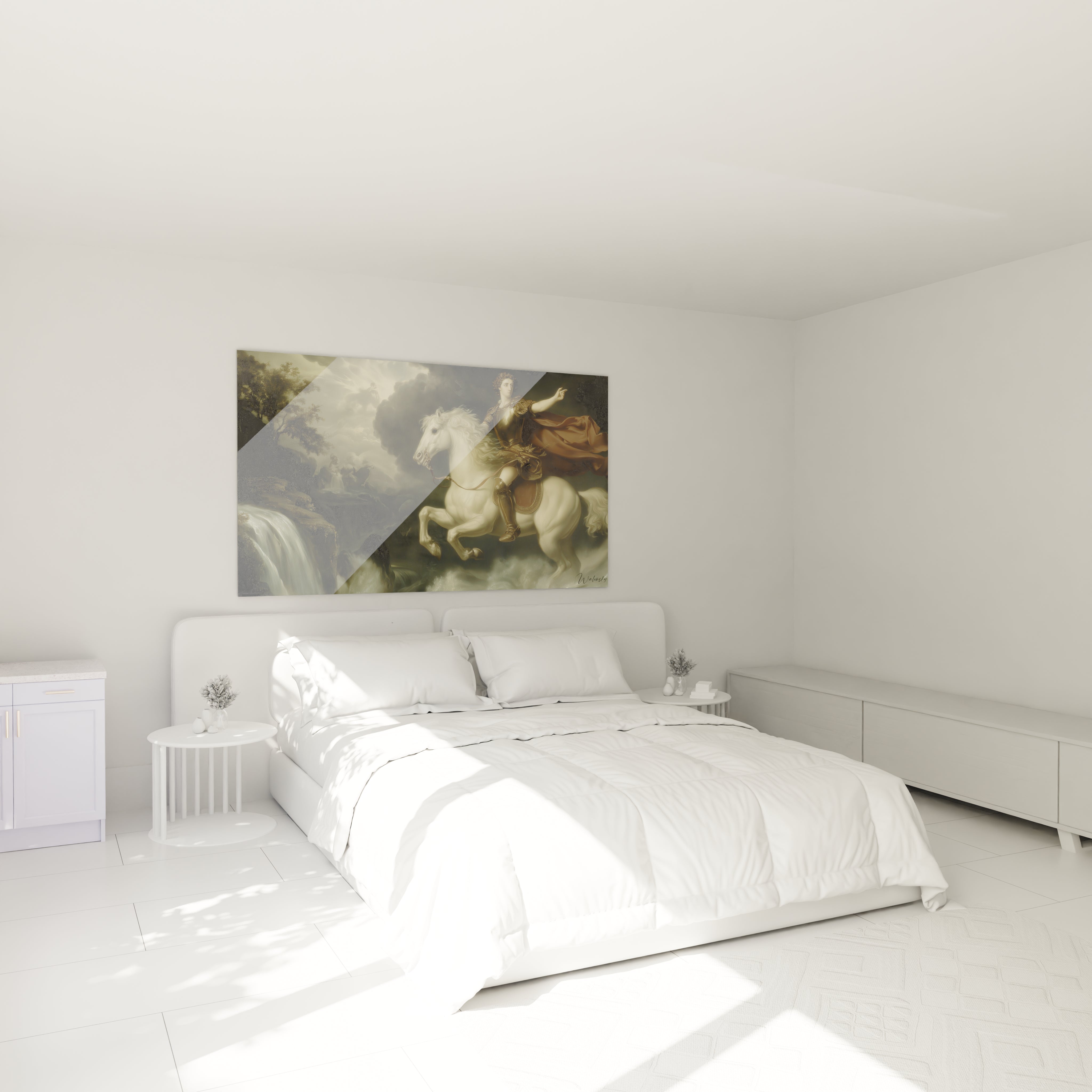 tableau néo classique cavalier Walensky accroché au dessus d un lit blanc minimaliste dans une chambre lumineuse et epurée