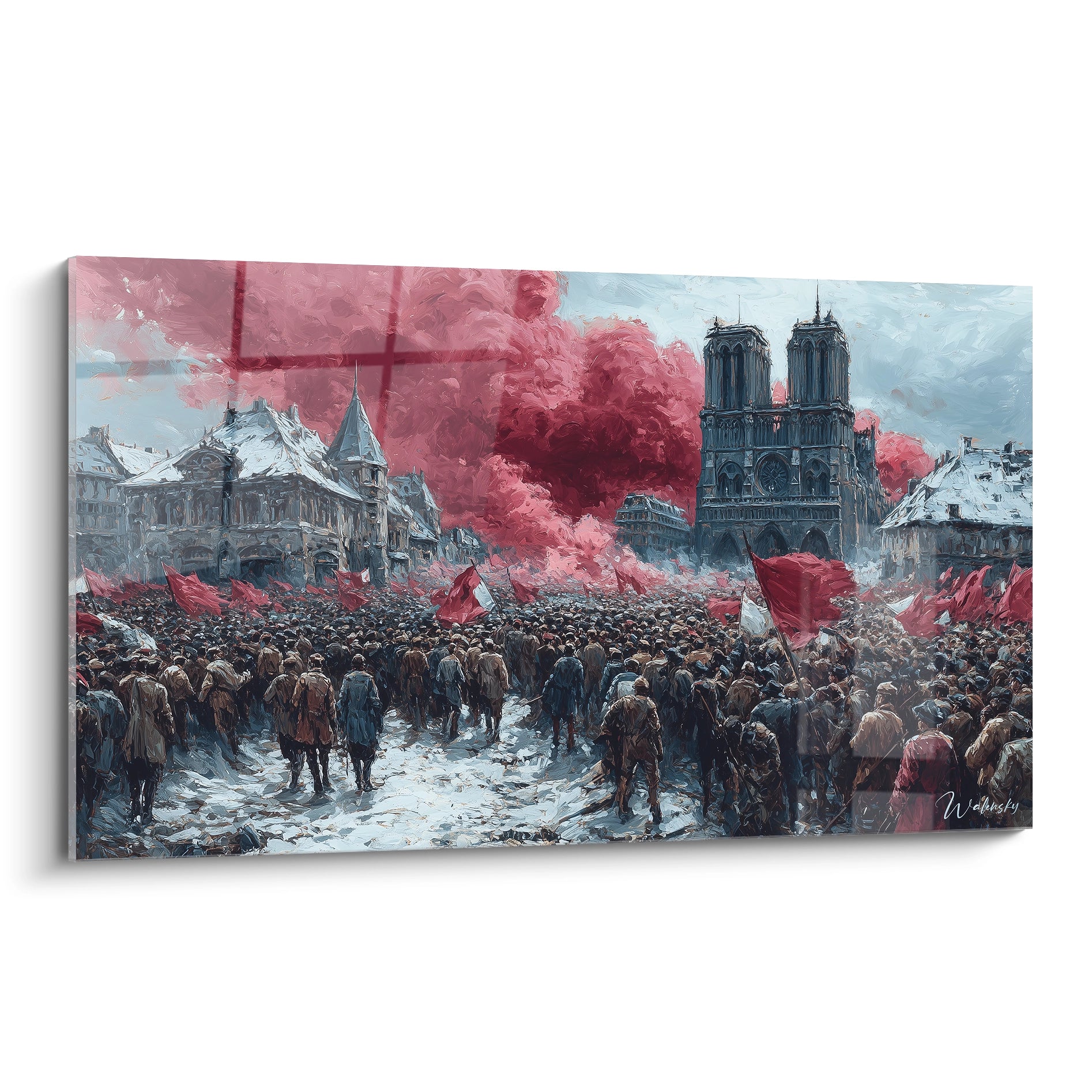 Walensky tableau Notre-Dame révolution française peinture murale scene de foule avec drapeaux rouges et neige
