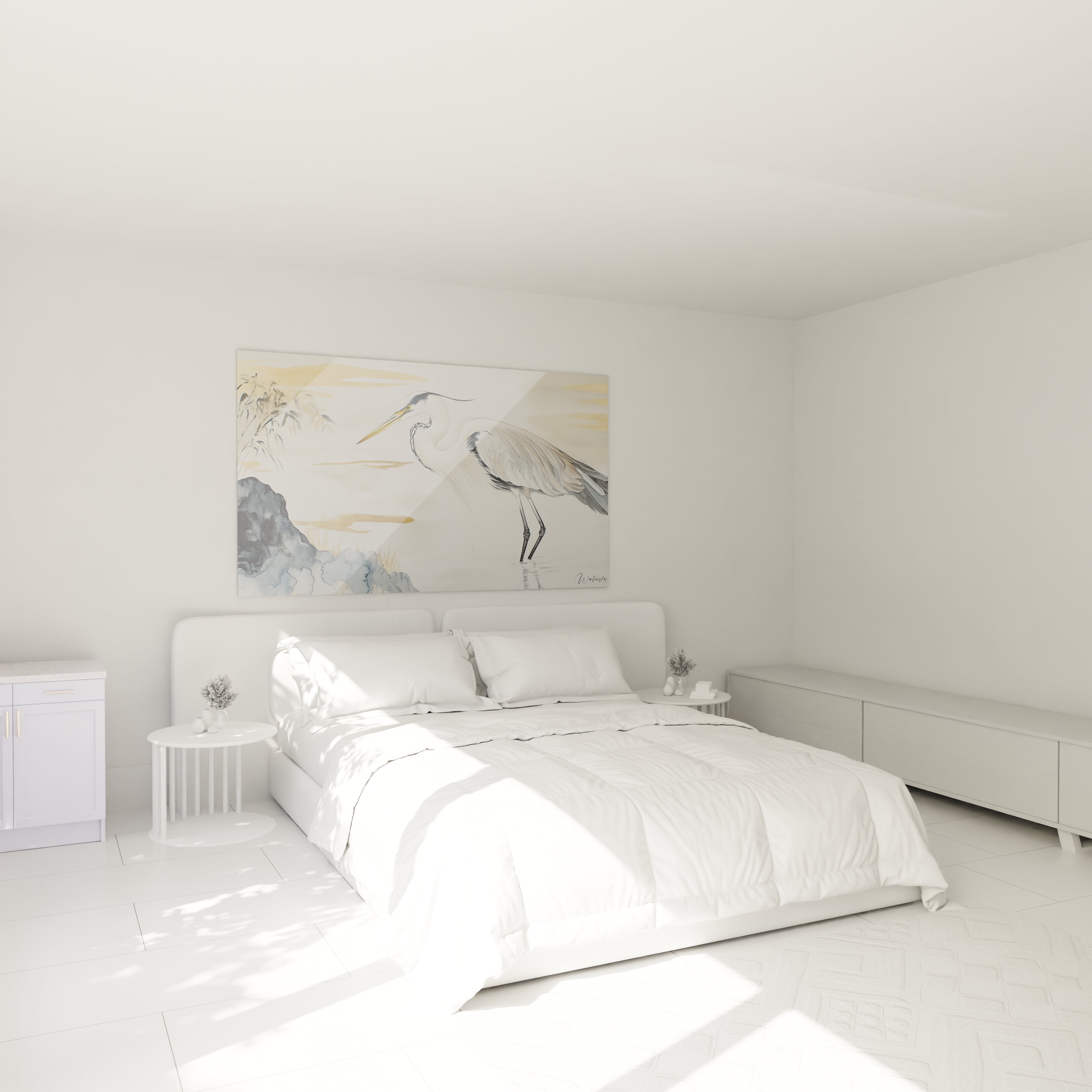 Tableau héron Walensky décoratif accroché au-dessus d'un lit moderne dans une chambre blanche lumineuse